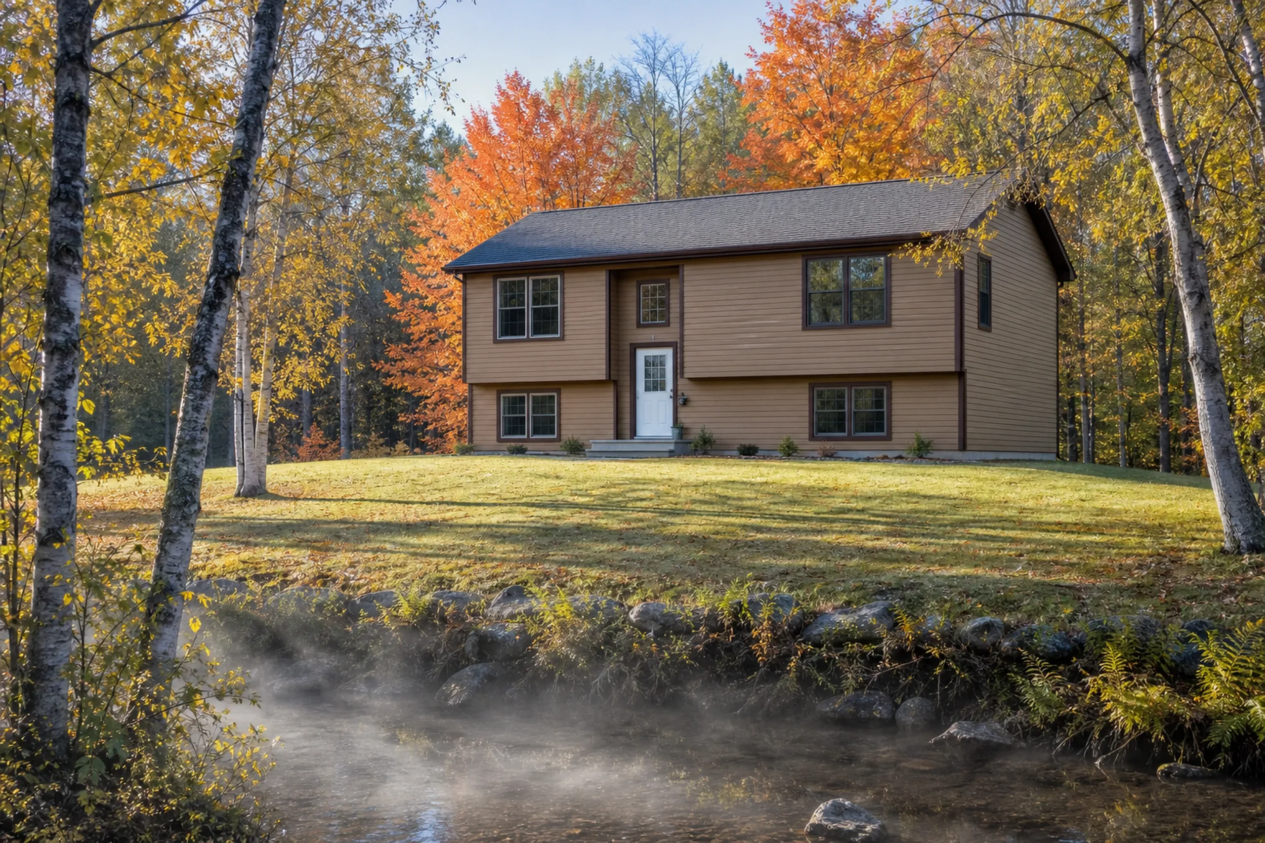 Re-sided Minot split-level above a brook in October: A re-sided 1990s split-level on a wooded Minot lot above a small brook, finished in warm tan LP lap with brown trim and a white door, birches gone yellow and sugar maples in orange, a thin morning mist over the water, cool clear October morning light.