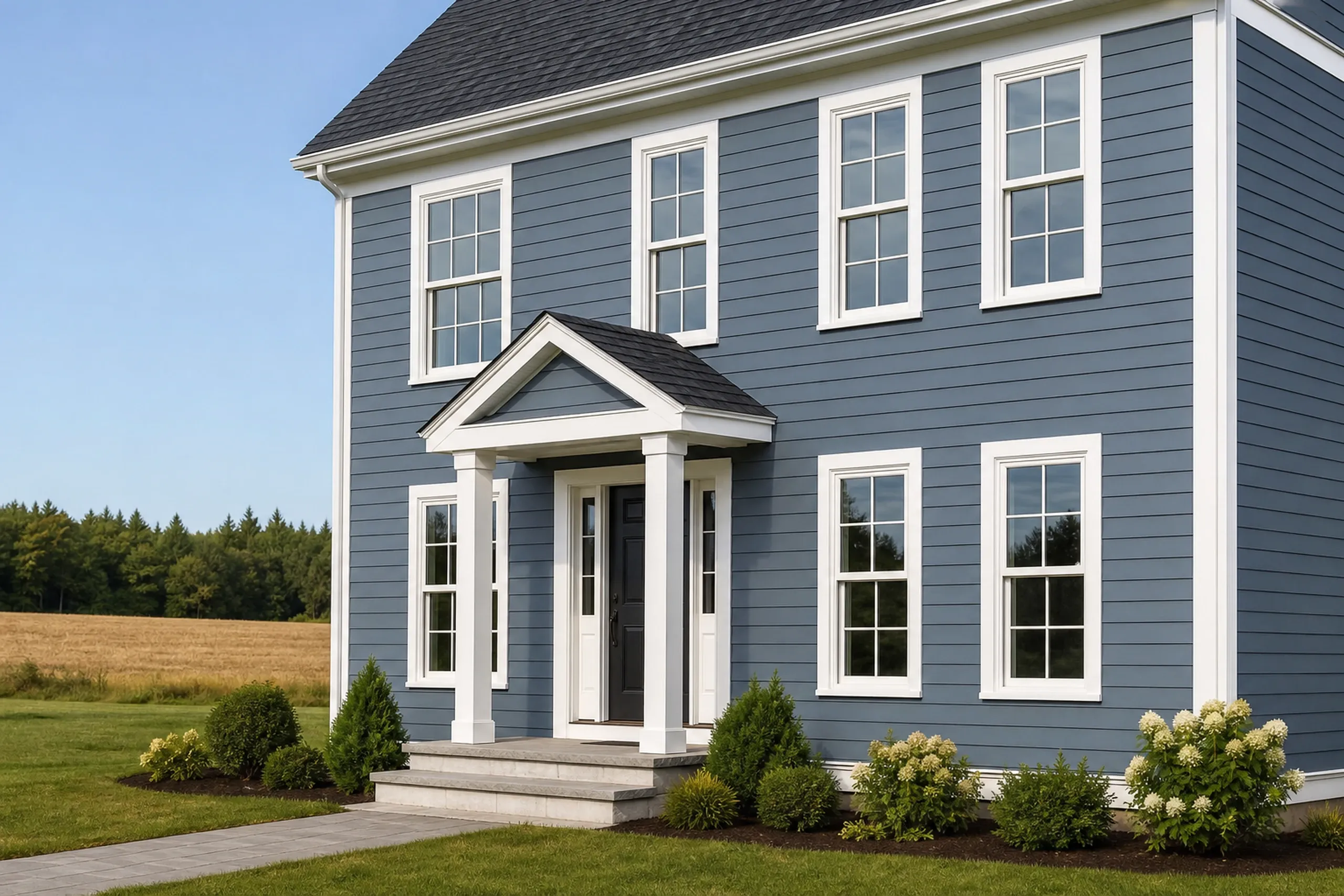 Fiber cement lap siding on a Minot colonial: a two-story colonial on an open rural lot with finished slate blue fiber cement lap siding, crisp white corner boards and window casings, a hayfield and tree line behind, late summer.