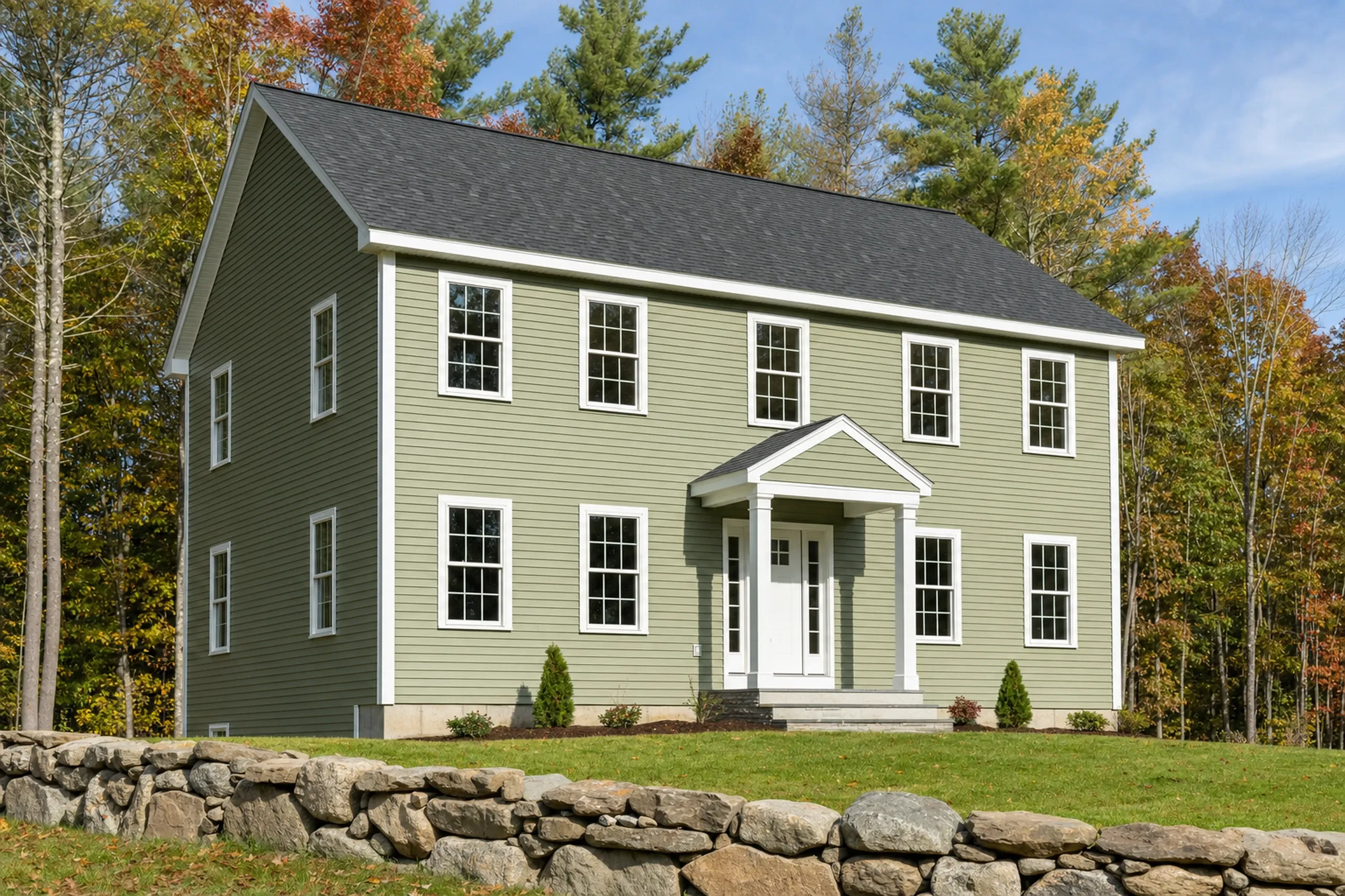 Siding replacement in Minot, ME: a two-story 1990s colonial on a wooded rural lot, finished in new sage green vinyl lap siding with crisp white trim and corner boards, a low fieldstone wall along the lawn edge, early fall.