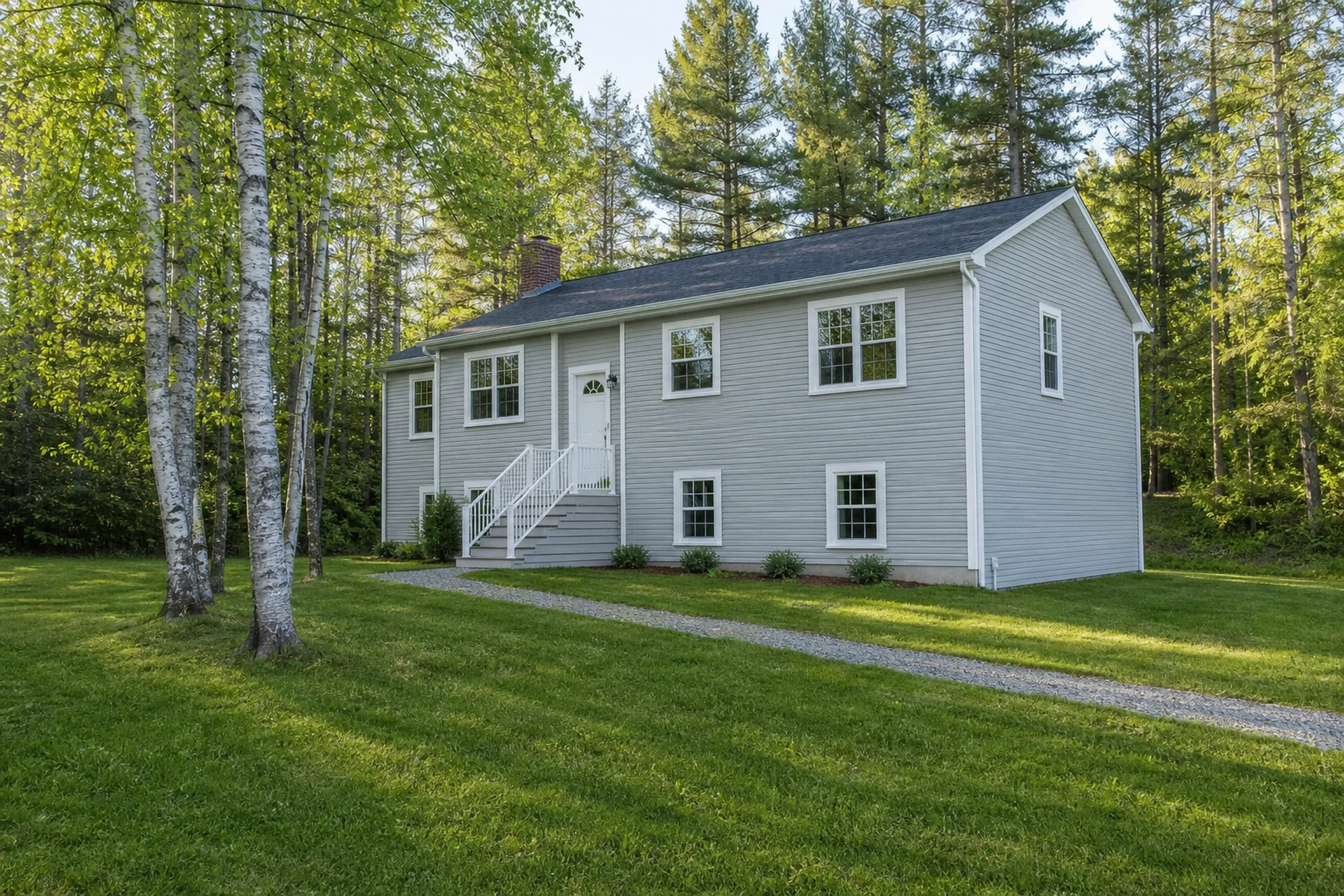 Vinyl siding on a Minot raised ranch: a 1990s raised ranch on a wooded lot with finished pale gray vinyl lap siding, white trim and corner posts, a front stoop and birch trees, early summer.