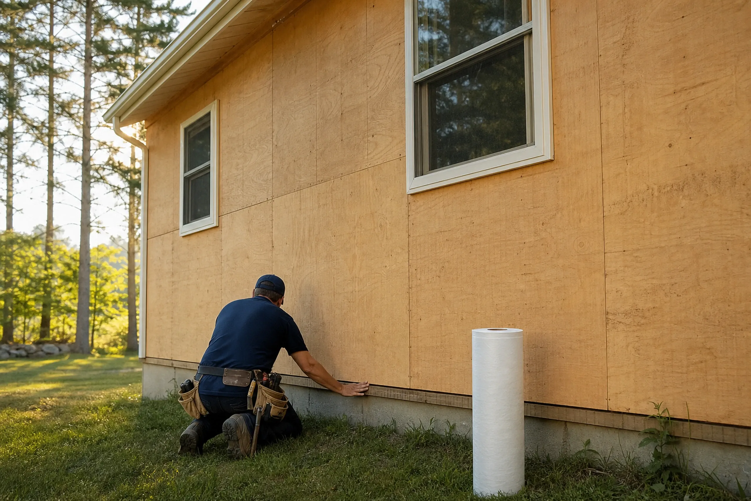 Minot sill check before a re-side: one installer seen from behind, crouched at the base of a rural house wall stripped to wood sheathing, checking the bottom edge just above the grass, a roll of plain unmarked housewrap beside him, pines behind, late spring.