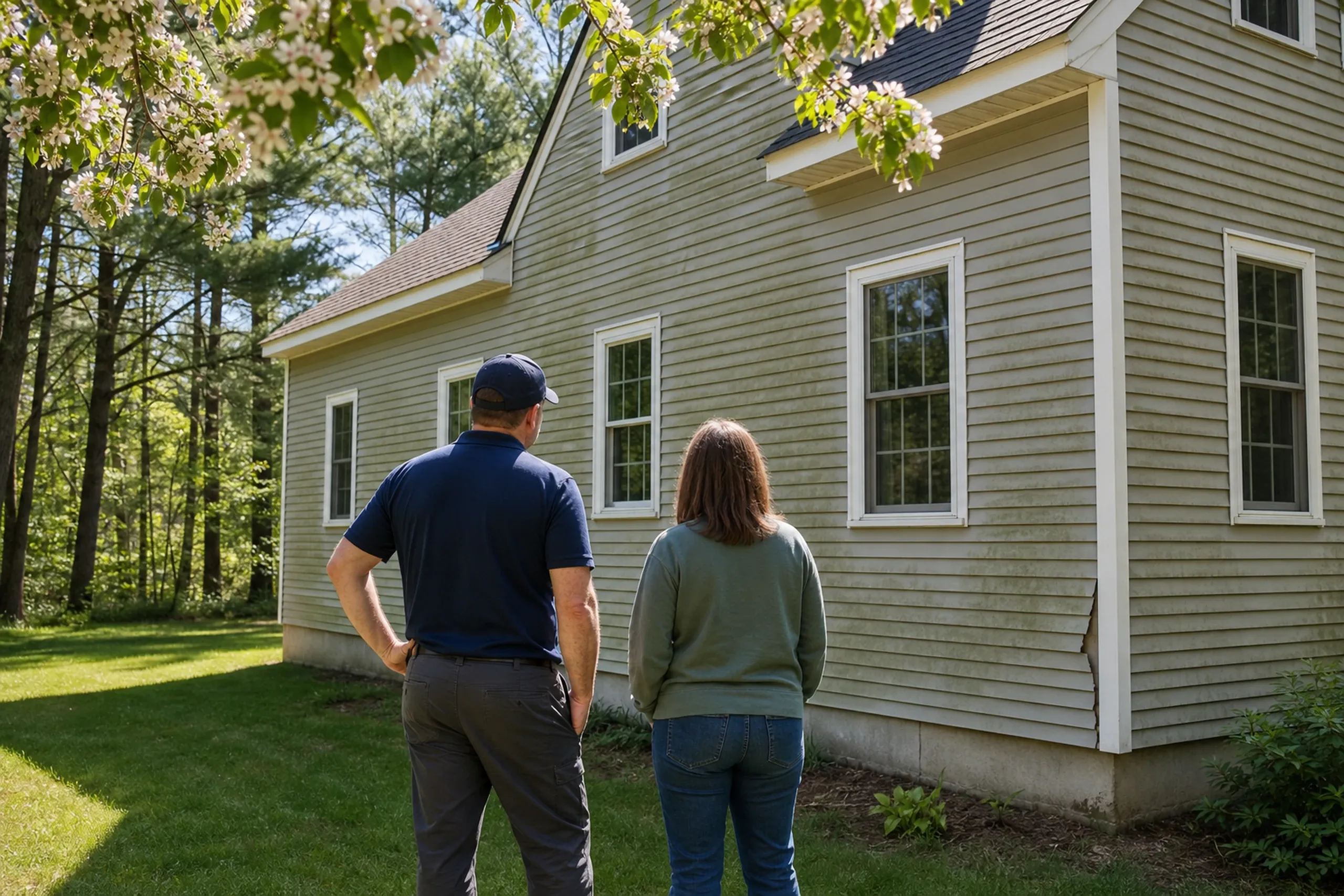 Minot siding first visit at a 1990s cape: On a clear late-spring morning, two people, a siding installer and a homeowner, seen from behind, stand beside a 1990s cape on a wooded Minot lot and look at old vinyl siding streaked green along the shaded north wall, with a cracked panel at the corner and apple blossoms overhead.