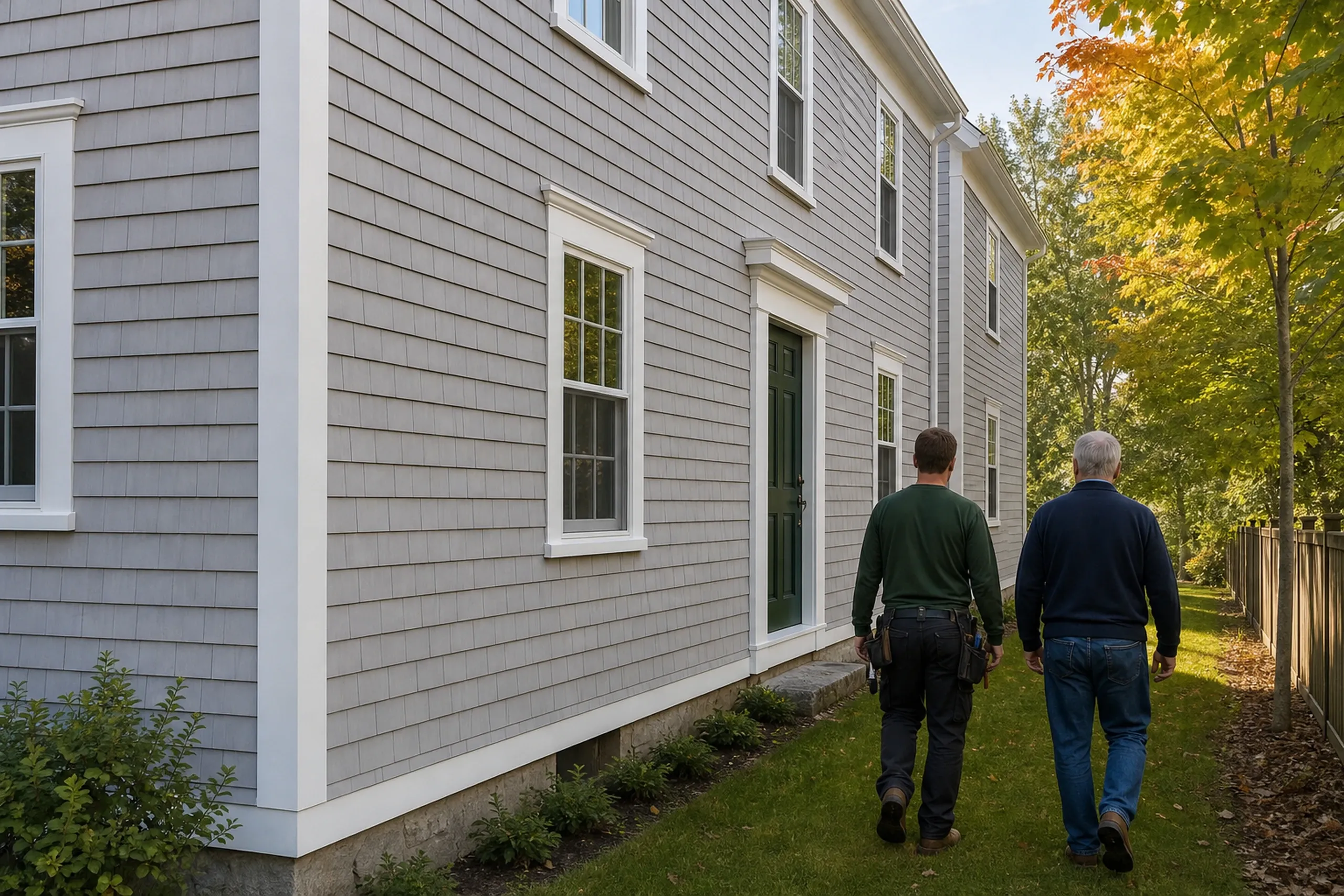 Minot siding final walkaround in West Minot: In crisp early-autumn light, two people, a siding installer and a homeowner, seen from behind, walk along the narrow side yard of a re-sided older West Minot village house finished in natural cedar shingles weathering to gray with white trim and a dark green door, maples just turning.