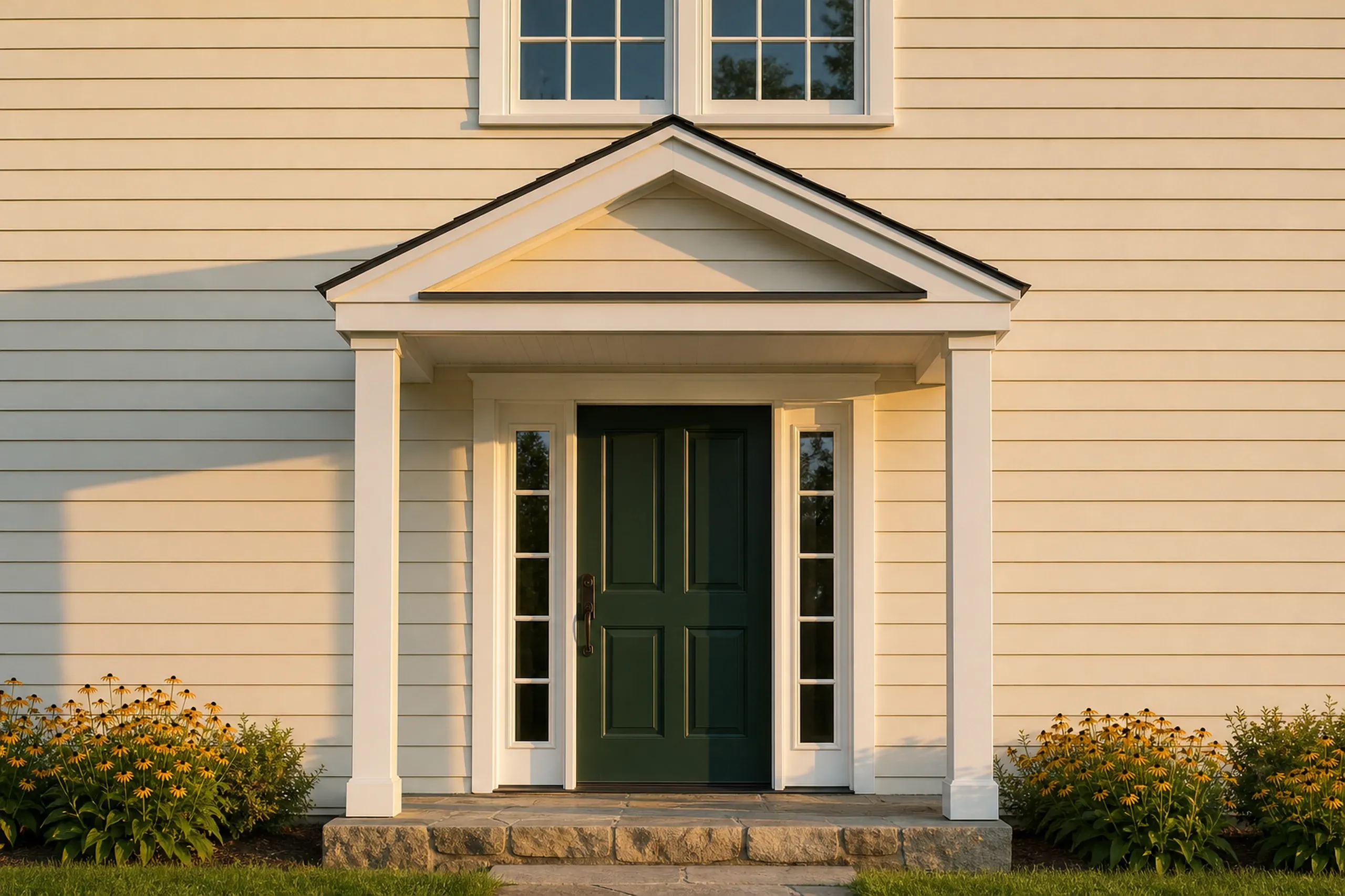Minot re-sided garrison colonial front entry: The front entry of a re-sided Minot garrison colonial, shot vertically, cream fiber cement lap siding around a forest-green paneled door with two narrow sidelights, white trim, a fieldstone step and black-eyed Susans in a bed along the foundation, warm late-afternoon summer light.