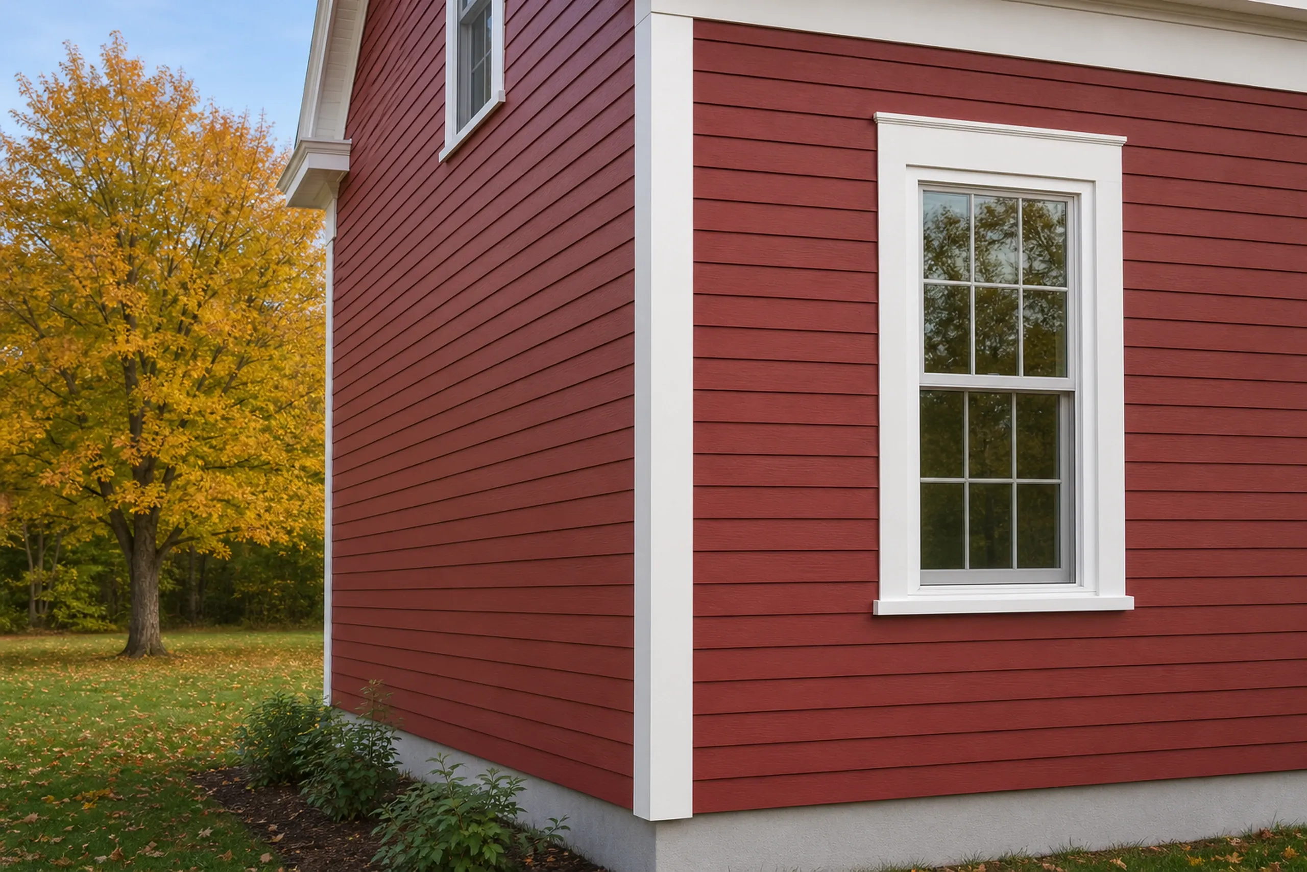 LP lap siding on a West Minot village house: close view of painted engineered wood lap boards in barn red meeting a wide white corner board and window casing on an older two-story house set on a small village lot, early fall.