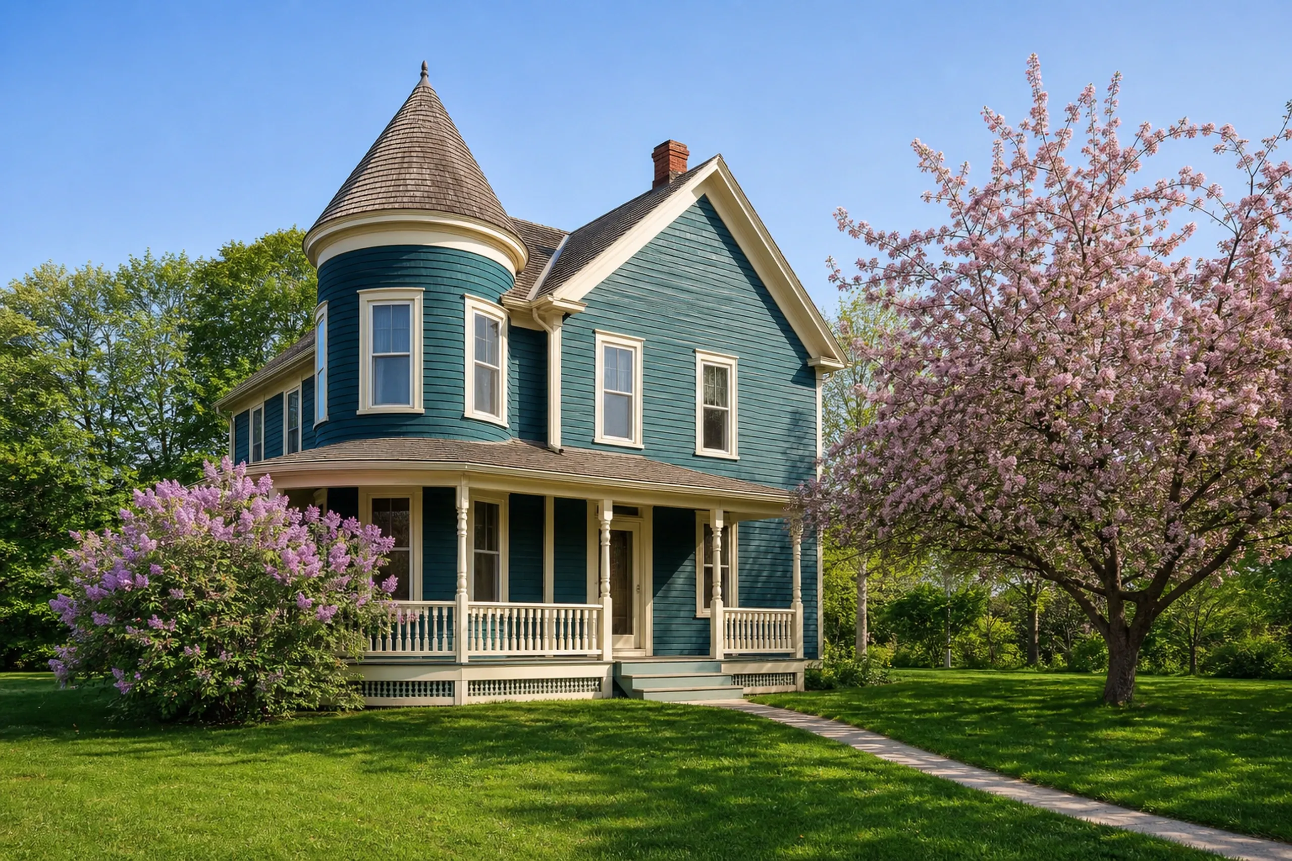 Re-sided Monmouth Center Victorian in late spring: A re-sided Victorian village house with a rounded corner turret and a front porch on turned posts, finished in deep teal fiber cement lap with cream trim, a lilac in full bloom and a flowering crabapple on the lawn, clear late-spring morning light.