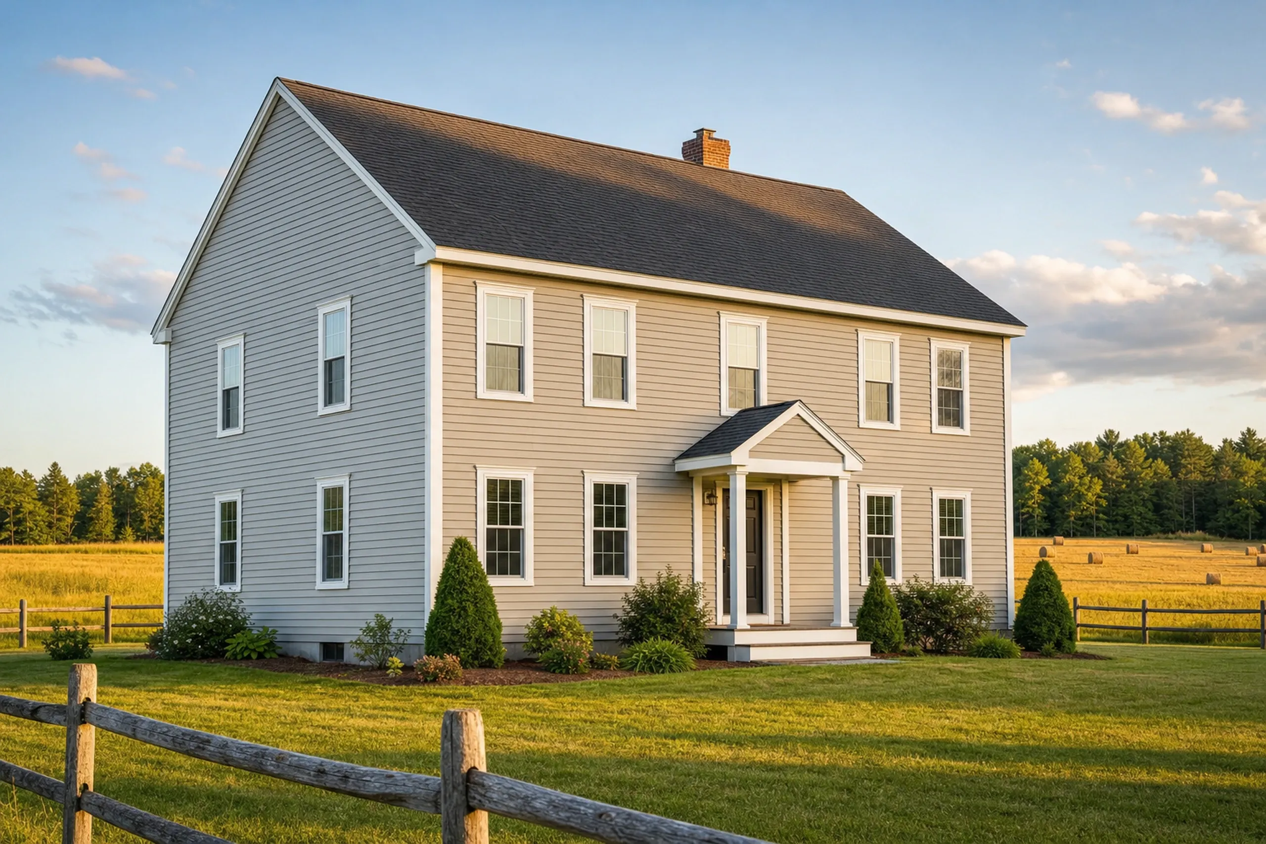 Siding replacement in Monmouth, ME: a 1990s two-story colonial on an open lot edged by hayfield, finished in light khaki vinyl lap siding with white corner posts, white window trim and a black front door, a split-rail fence along the lawn, early summer.