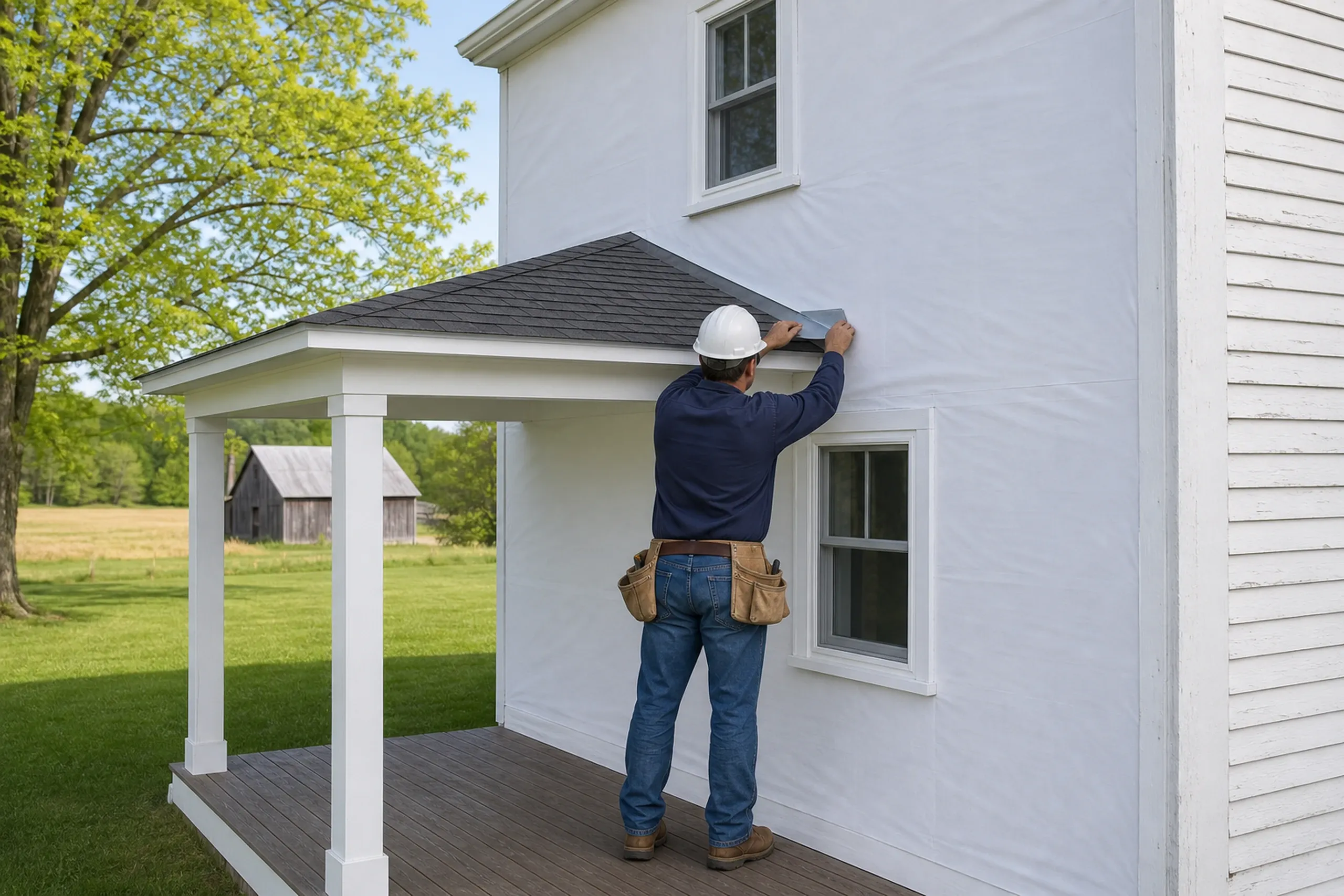 Monmouth, ME kick-out flashing at a porch roof: one installer seen from behind, fitting a metal kick-out flashing where a porch roof meets a wall covered in plain white housewrap, the next wall still in old white clapboard, late spring.
