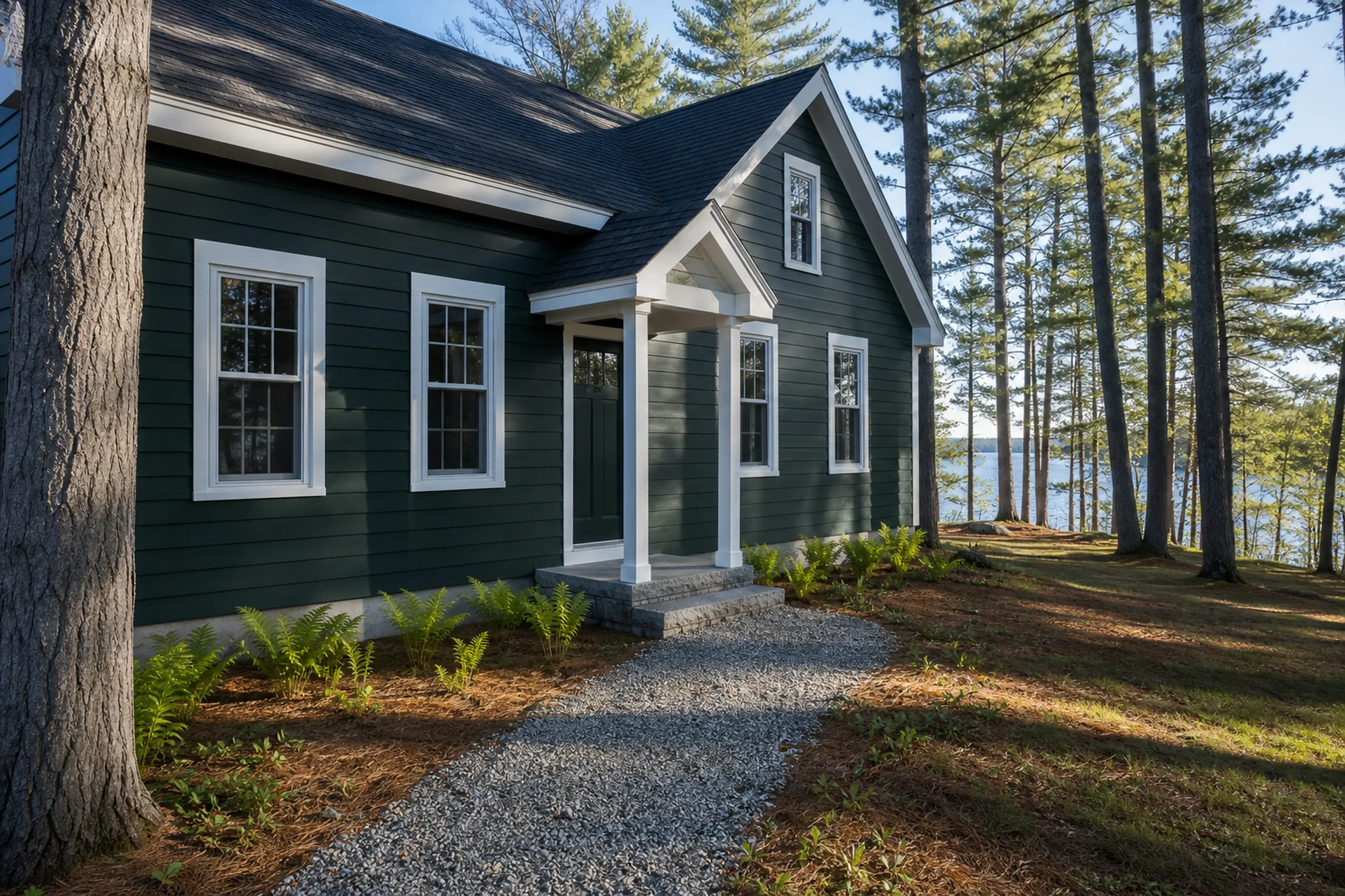 Fiber cement on a Monmouth lake camp: a small year-round lake house among tall pines finished in dark green fiber cement lap siding with crisp white trim, a glimpse of lake water through the trees, late spring.
