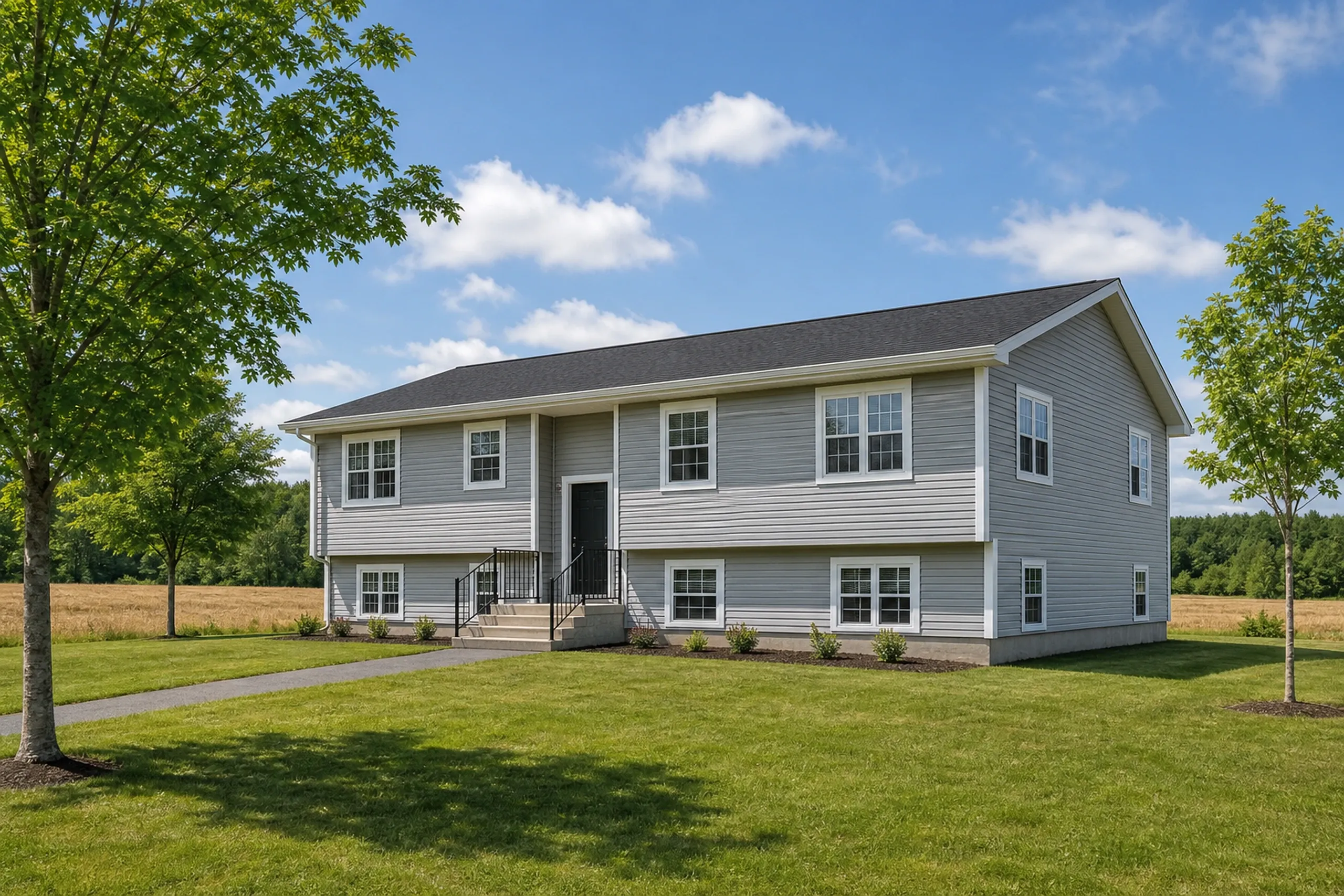 Vinyl siding on a Monmouth raised ranch: a 1970s raised ranch finished in soft gray vinyl lap siding with white corner posts and white trim around the windows, young maples and a mowed lawn in front, midsummer.
