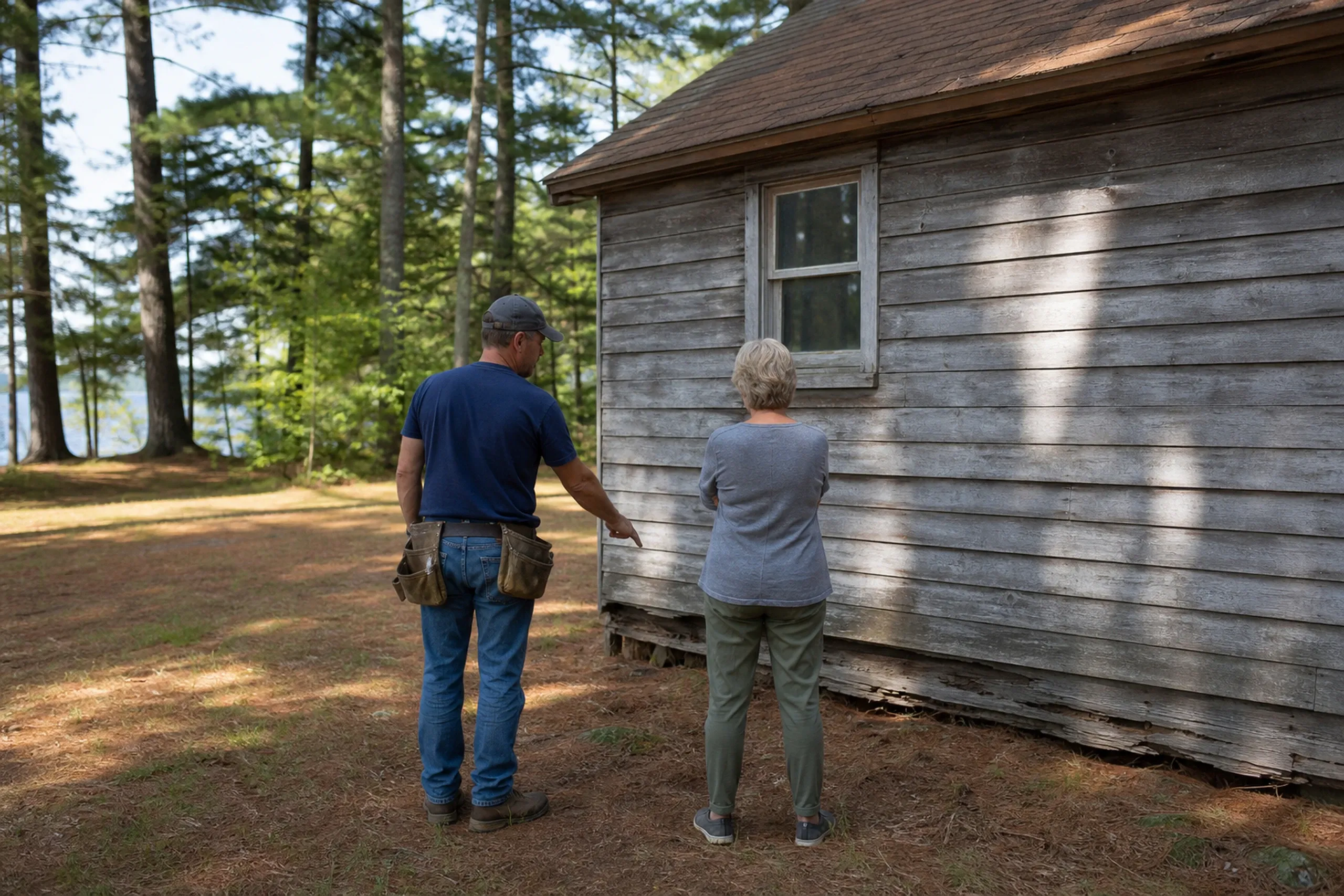 Monmouth siding first visit at a lake camp: In bright early-summer afternoon light, two people, a siding installer and a homeowner, seen from behind, stand among pines beside a small lake camp turning year-round and look at old brown wood siding gone gray, splintered along the bottom boards where they meet the ground.