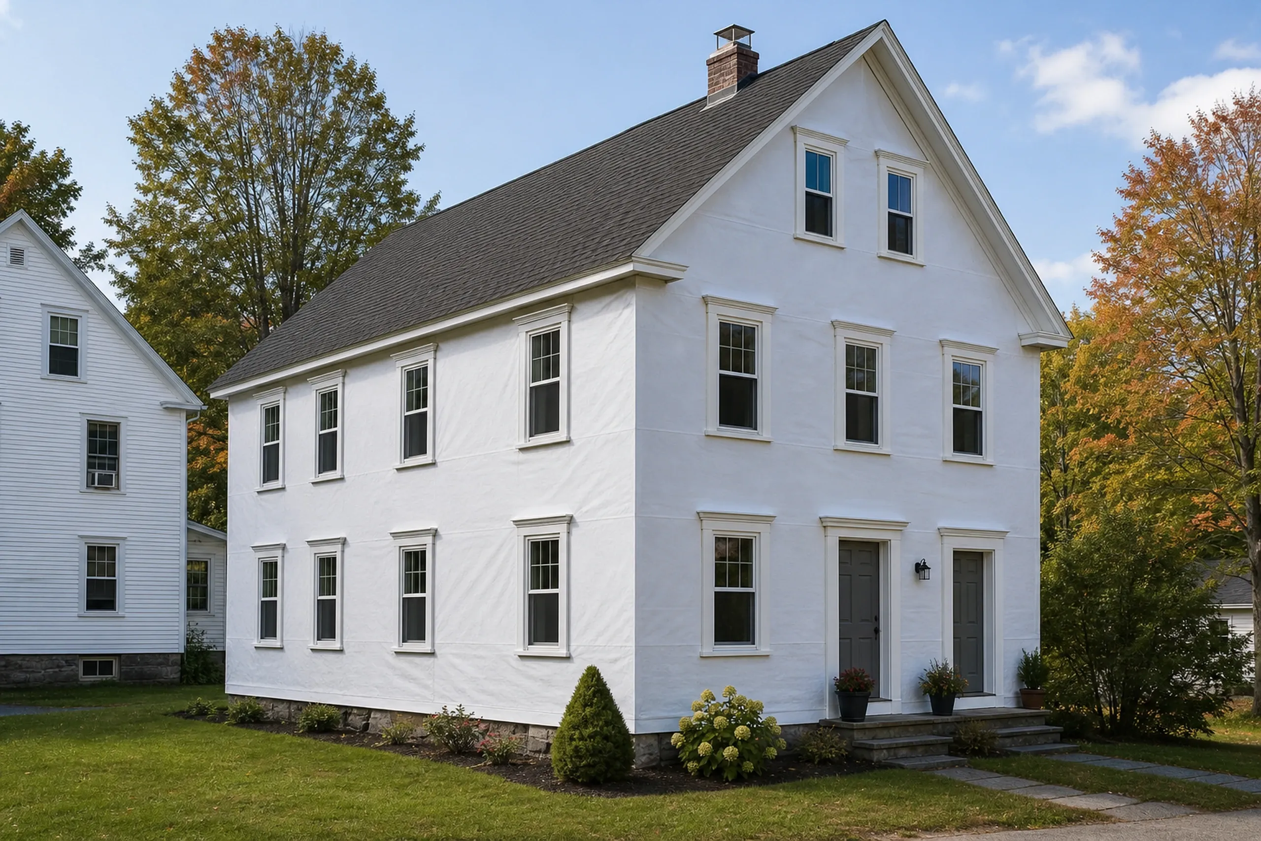 Monmouth window casings stage on a mill-village house: A North Monmouth mill-village two-family wall in-progress at the window casing and drip cap stage, plain white housewrap covering the wall, wide white casings set around each window with a metal drip cap above, a neighboring clapboard house close by, crisp early-autumn light.