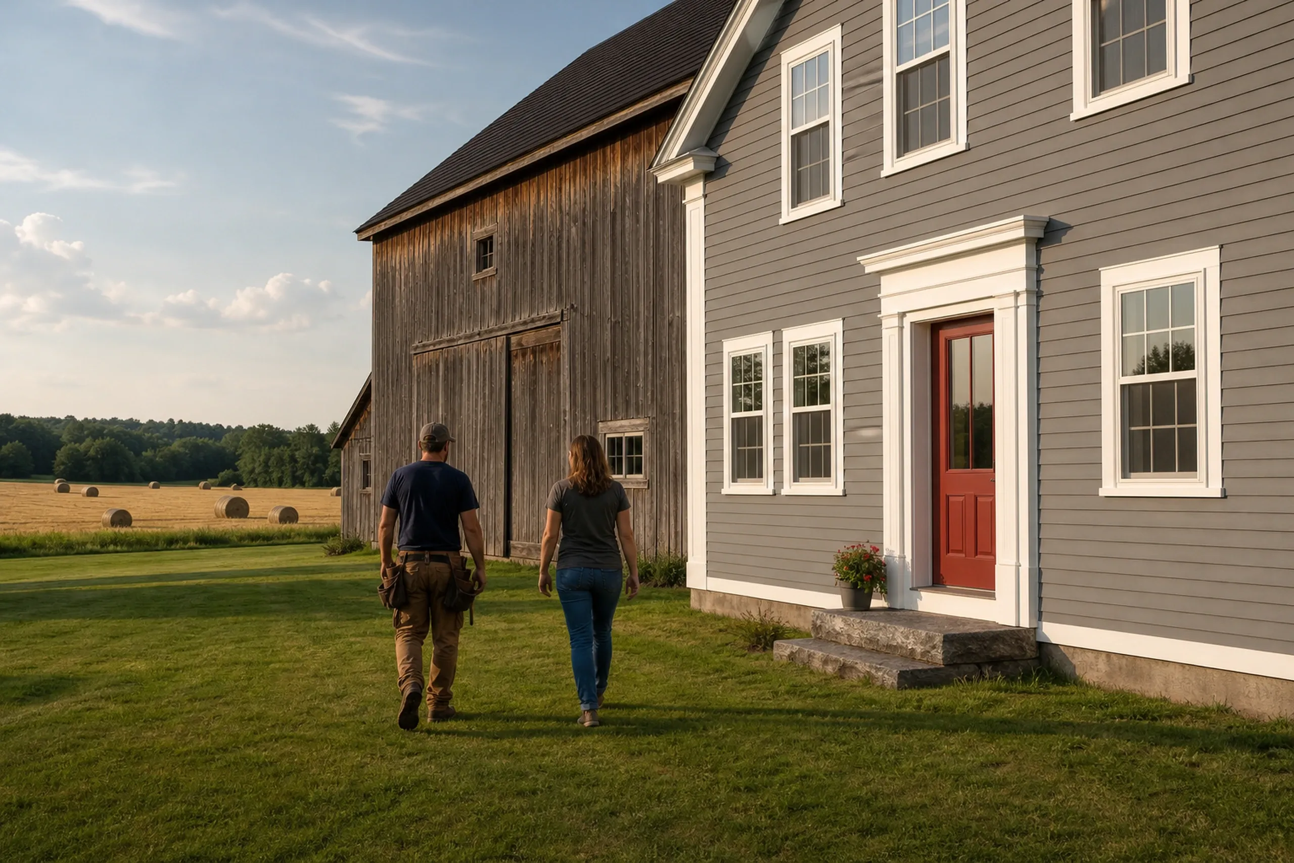 Monmouth siding final walkaround at a farmhouse: In warm late-afternoon summer light, two people, a siding installer and a homeowner, seen from behind, walk along a re-sided farmhouse joined to a weathered barn, its lap finished in barn-gray LP with white trim and a brick-red door, round hay bales in the field beyond.