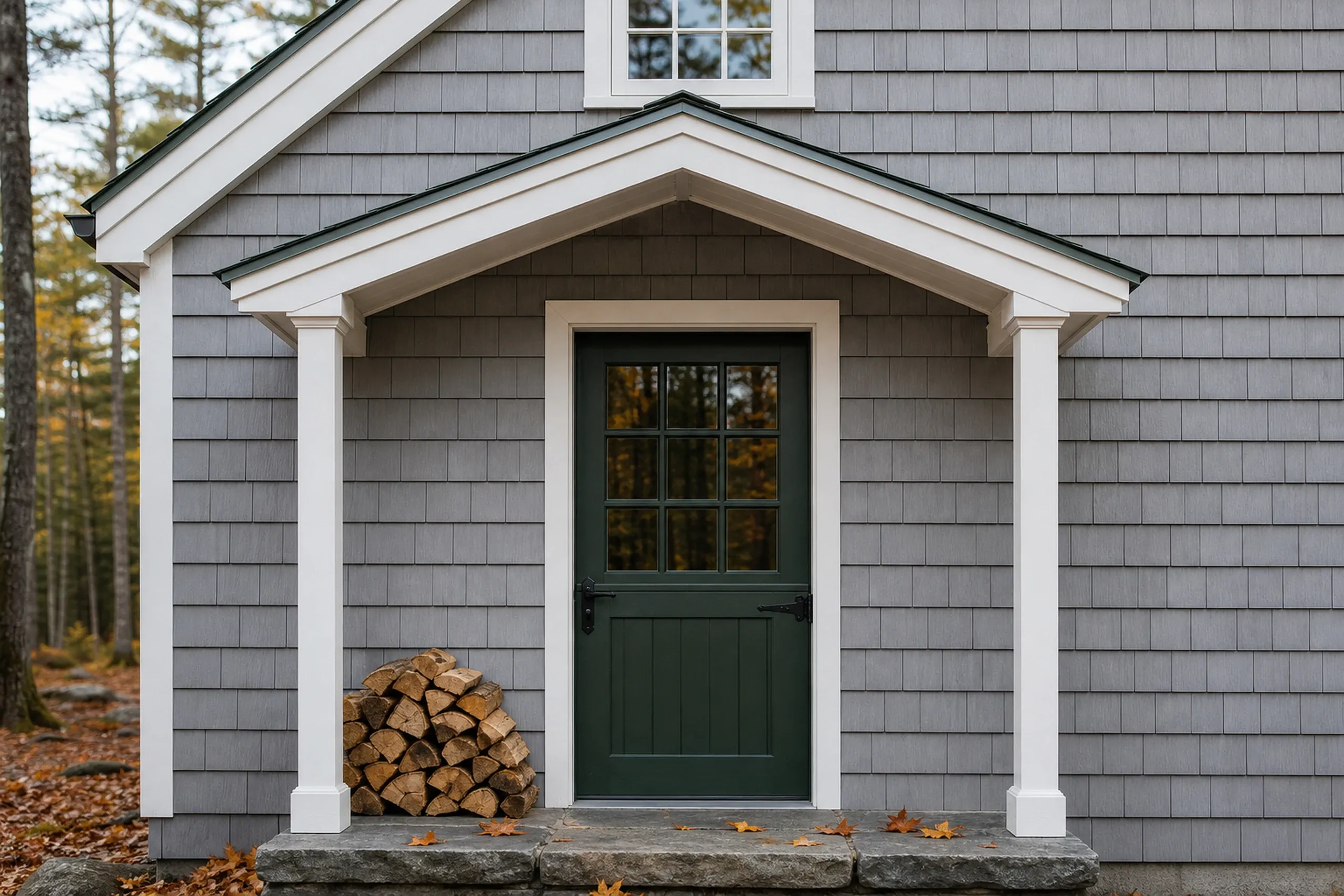 Monmouth re-sided lake camp front entry: The front entry of a re-sided Monmouth lake camp now lived in year-round, silver-gray cedar shingles around a dark green Dutch door, a flagstone step, a neat stack of split firewood and a few orange maple leaves on the stone, cool clear October morning light, framed vertically and seen straight on.