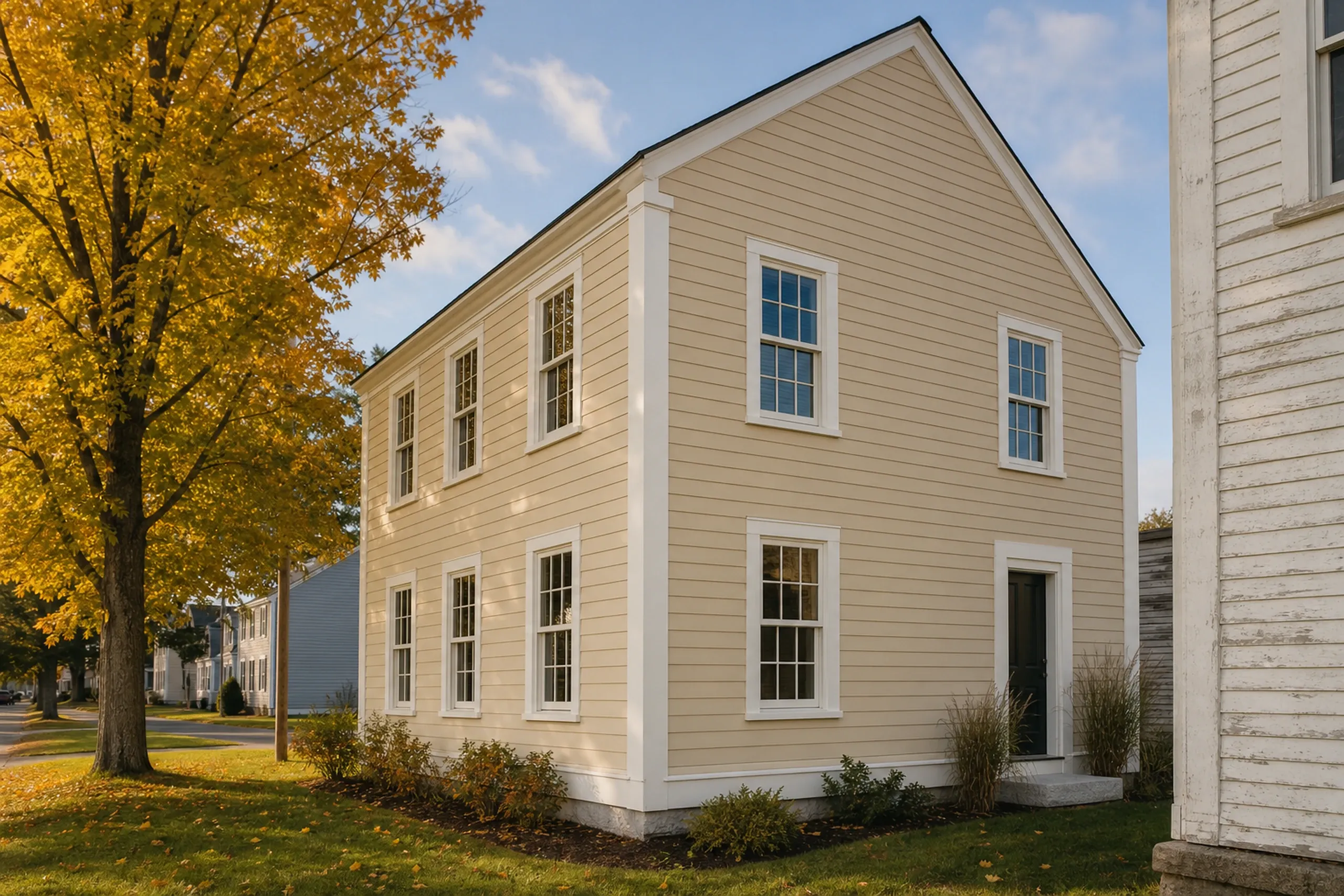 LP SmartSide on a Monmouth Center house: a two-story village house re-sided in painted cream engineered wood lap boards with a smooth face, wide white corner boards and window casings, a neighbor's old clapboard wall at the edge of the frame, early fall.