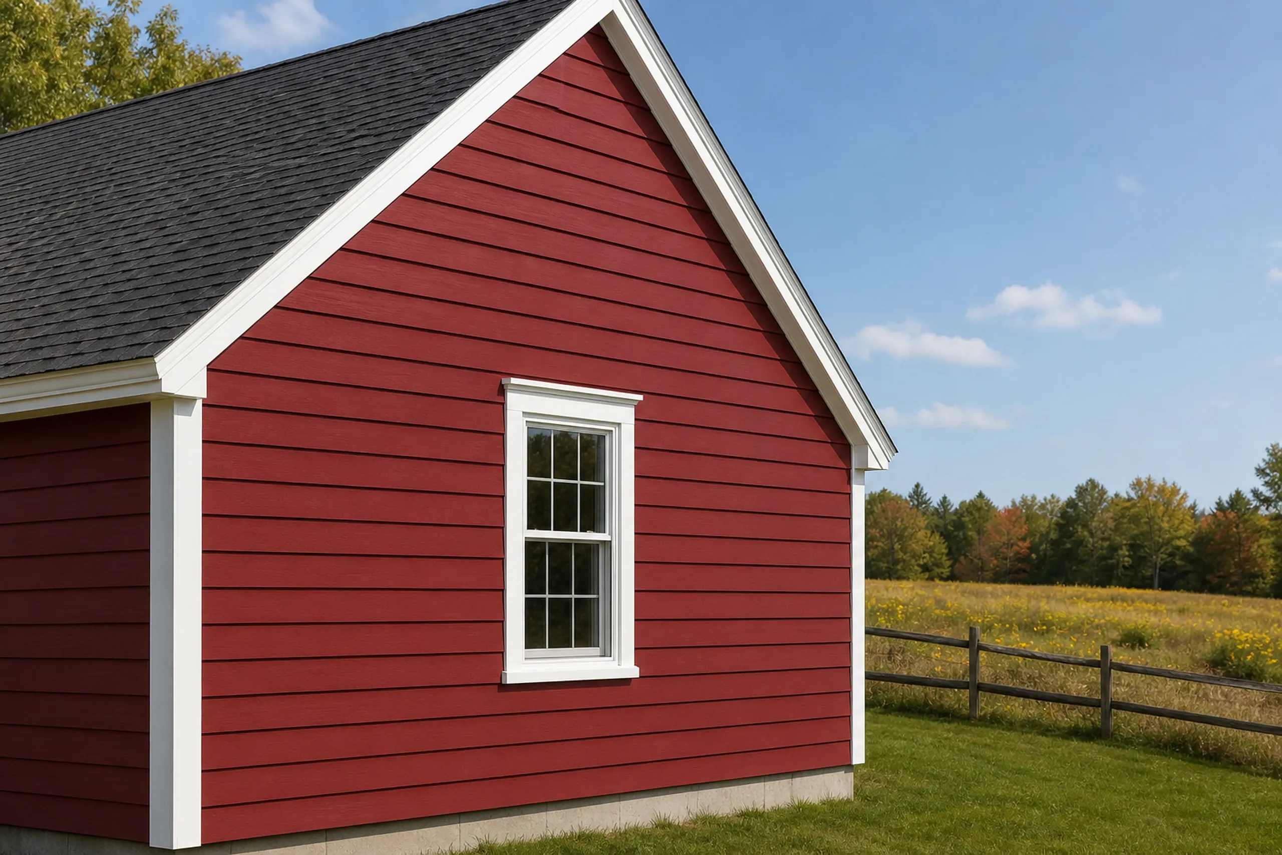 LP lap siding on a New Gloucester cape: close view of a story-and-a-half cape's gable end in freshly painted barn red LP SmartSide lap boards meeting a wide white corner board and a window casing, a split-rail pasture fence behind, September afternoon.
