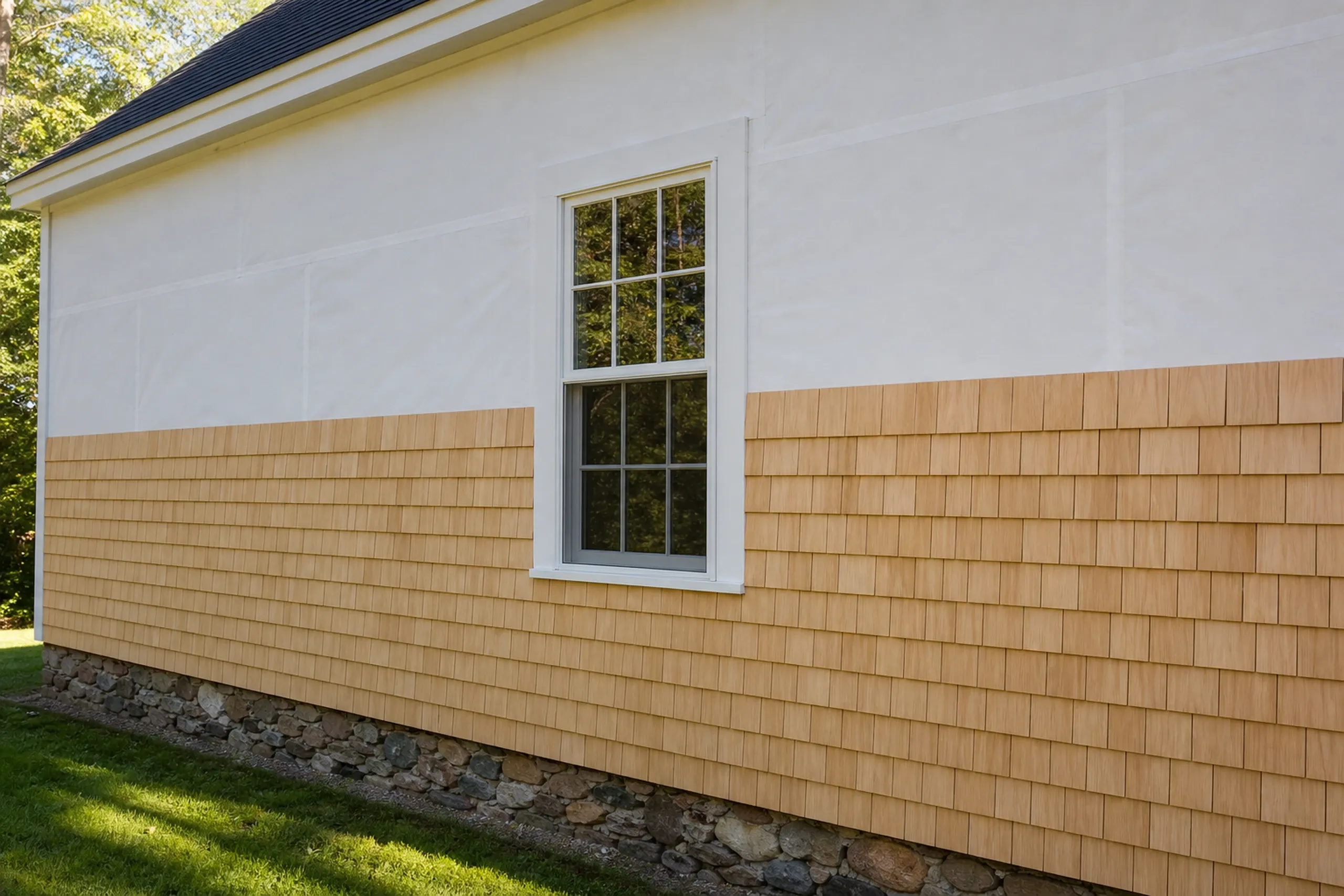 Cedar shingle courses on a New Gloucester farmhouse: new eastern white cedar shingles going up course by course over plain white housewrap on a side wall, straight butt lines, finished lower courses below and a white window casing, bright summer light.
