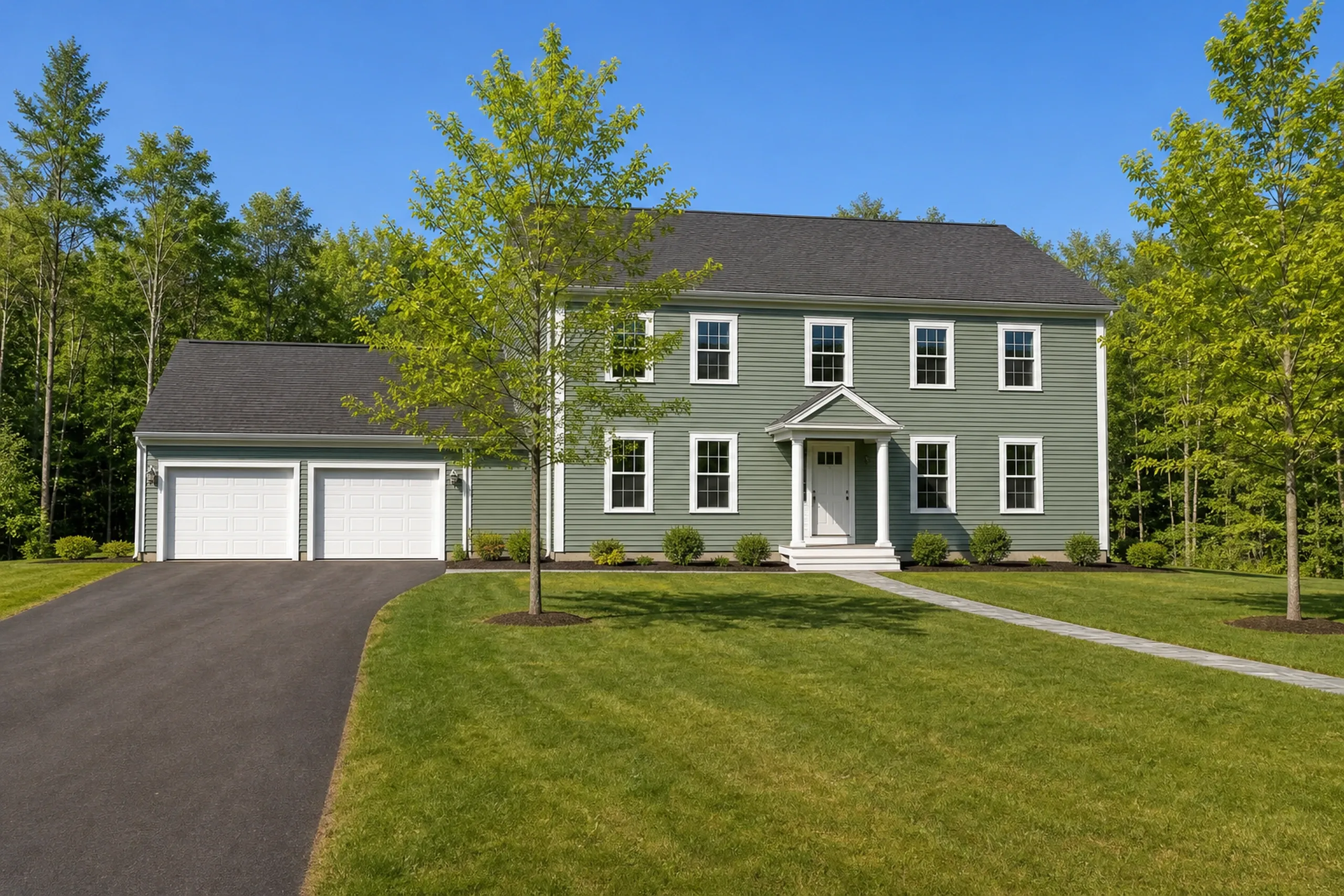 Vinyl siding on a New Gloucester colonial from the 2000s: a two-story colonial with an attached garage, its doors closed, finished in sage green vinyl lap siding with white corner posts and window trim, a mown lawn and young oaks around it, early summer.