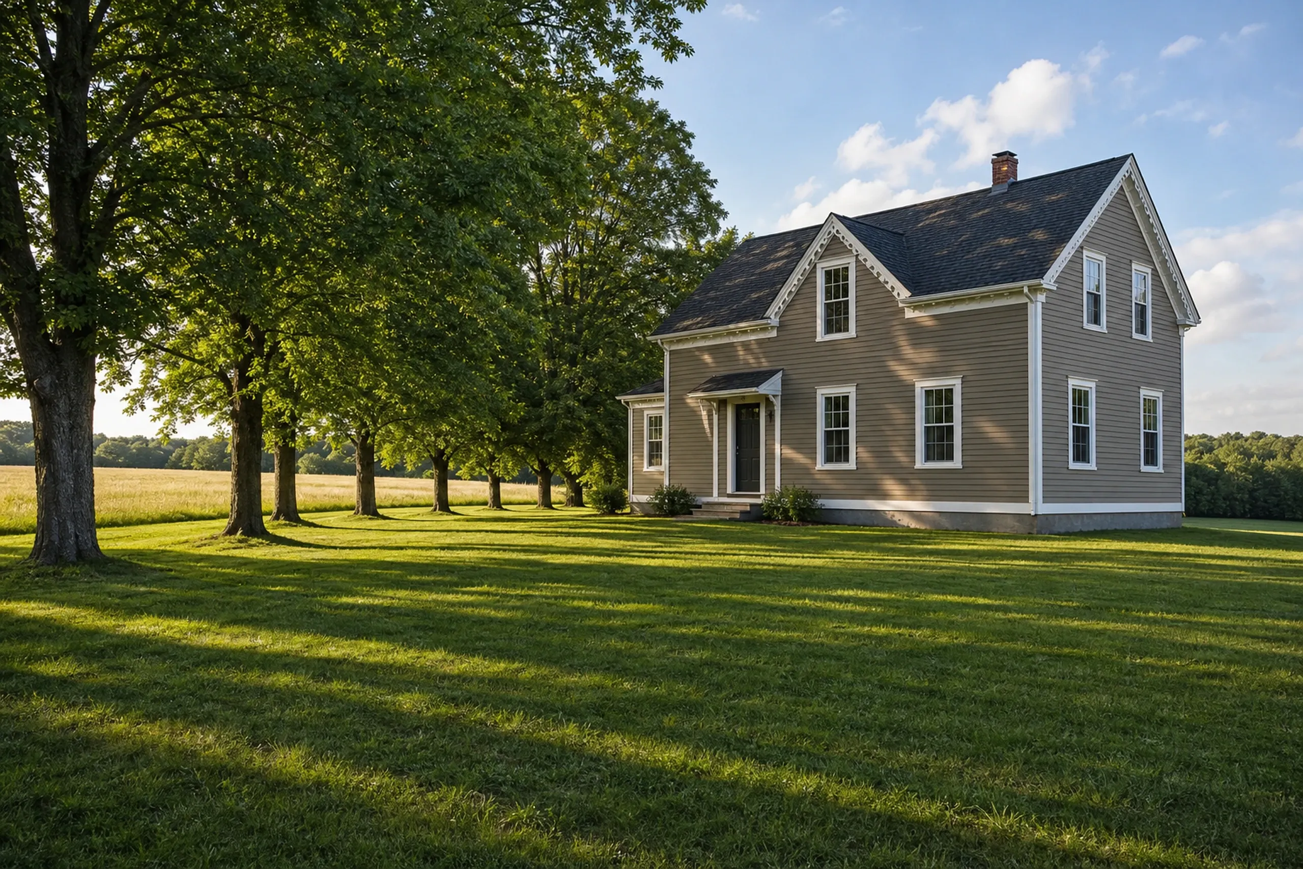 Re-sided New Gloucester farmhouse beside a hayfield: A re-sided nineteenth-century farmhouse with a gabled dormer and scalloped gable trim, finished in warm taupe fiber cement lap with white corner boards and casings, a mown lawn running to a hayfield, a row of sugar maples in full green leaf, warm late-afternoon summer light.