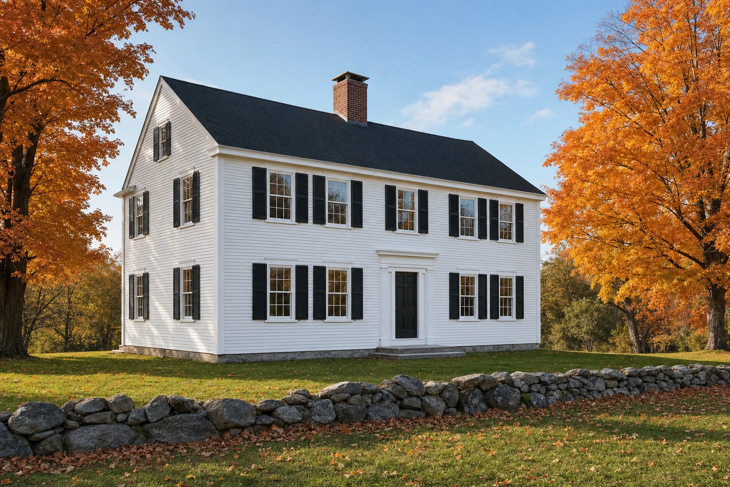 Siding replacement in New Gloucester, ME: a two-story Federal-style farmhouse with a center chimney, finished in white LP SmartSide lap siding with crisp white window trim, wide corner boards and black shutters, a fieldstone wall and sugar maples turning orange, early October.