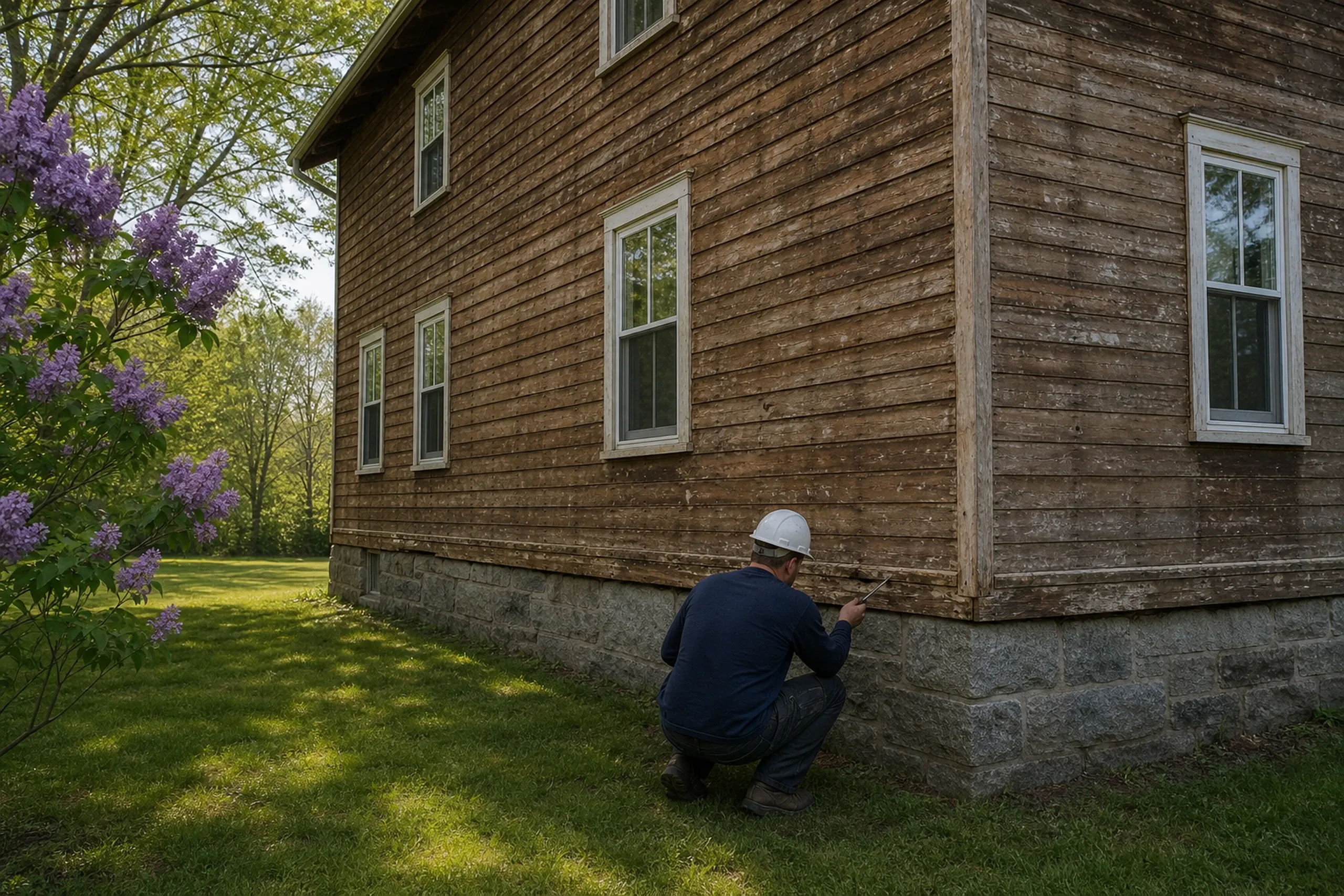 New Gloucester sill check at an opened wall: one installer seen from behind, crouched at the corner of an old farmhouse where weathered clapboards have been stripped back to the board sheathing, pressing a screwdriver into the wood sill, soft late-spring morning light.
