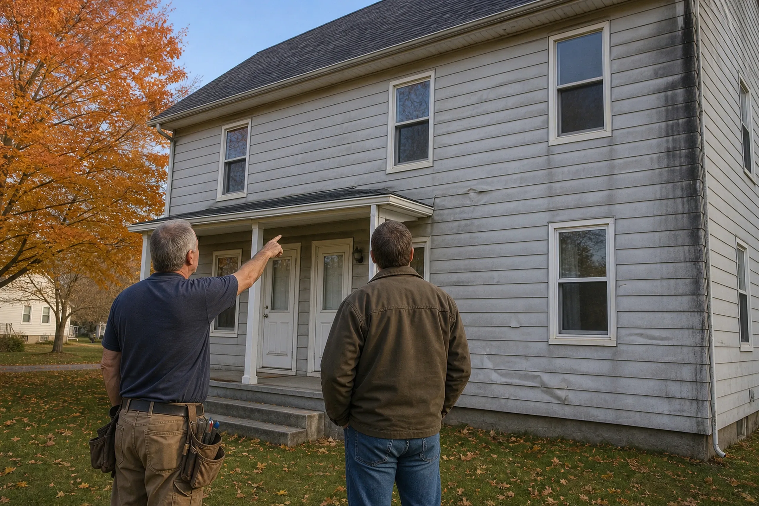 New Gloucester siding first visit at a village two-family: In cool clear October morning light, two people, a siding installer and a homeowner, seen from behind, stand on the lawn before a two-family village house and look at old aluminum siding gone chalky, dented below the windows and stained dark at one corner.