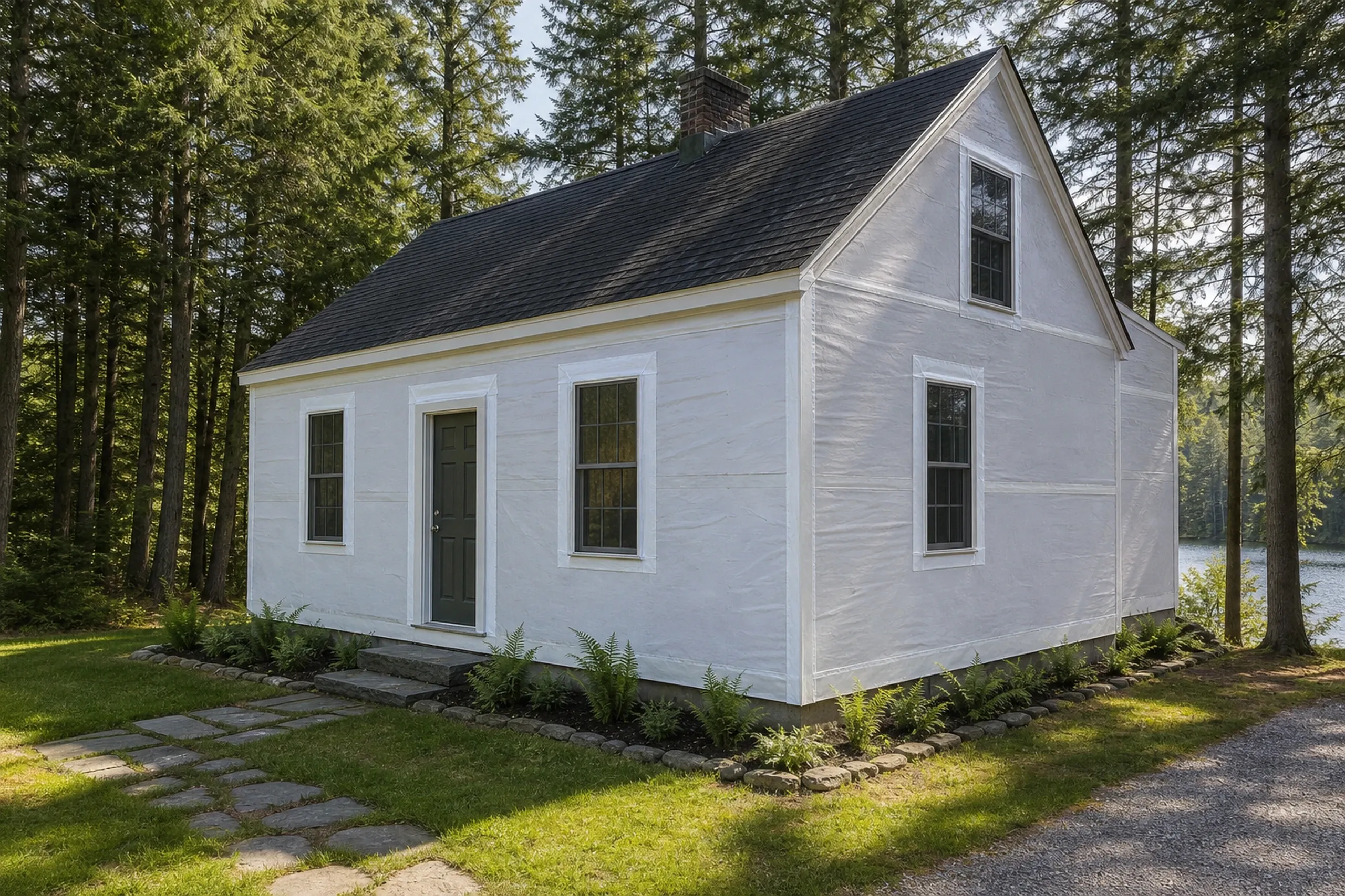 New Gloucester window flashing on a pond cottage: A year-round cottage wall near a pond in-progress at the window flashing stage, plain white housewrap stretched taut and taped at every seam, bright flashing tape lining the sides and head of two tall windows, hemlocks behind and new ferns uncurling, clear late-spring morning light.