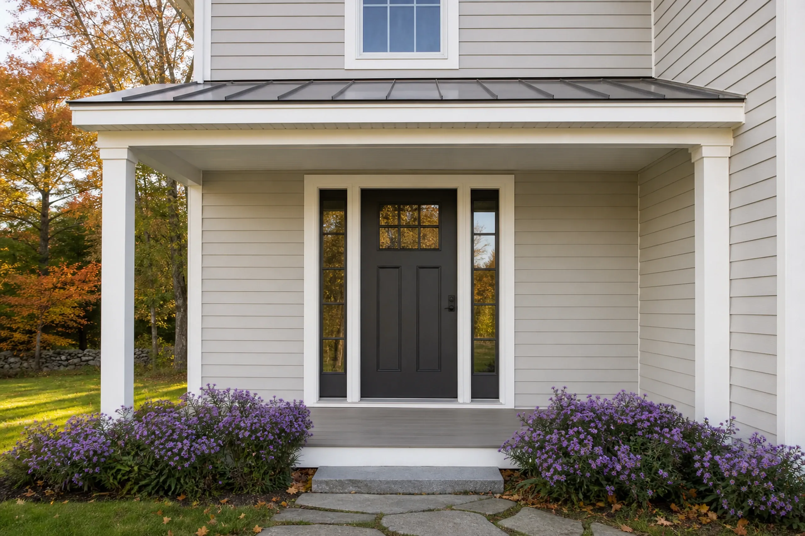 New Gloucester re-sided farmhouse-style front entry: The front entry of a re-sided 2000s farmhouse-style home with a deep front porch, pale stone vinyl lap siding around a charcoal door with two sidelights, square white porch posts, a stone step and purple asters, crisp early-autumn light, seen straight on, framed vertically.