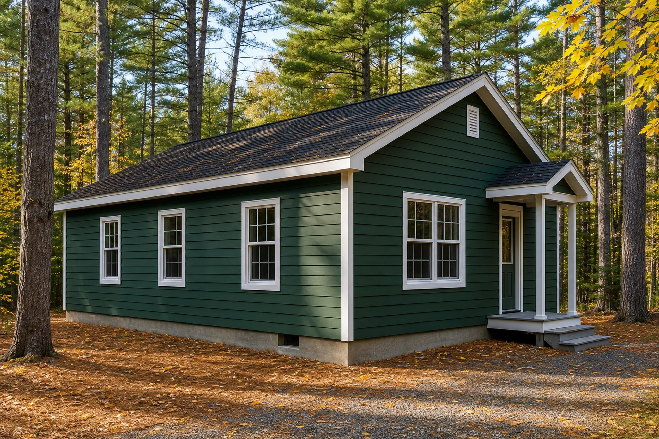 LP SmartSide on a winterized Otisfield camp: a one-story camp in painted forest-green engineered wood lap, white trim, its bottom course well above the ground, pines, early fall.