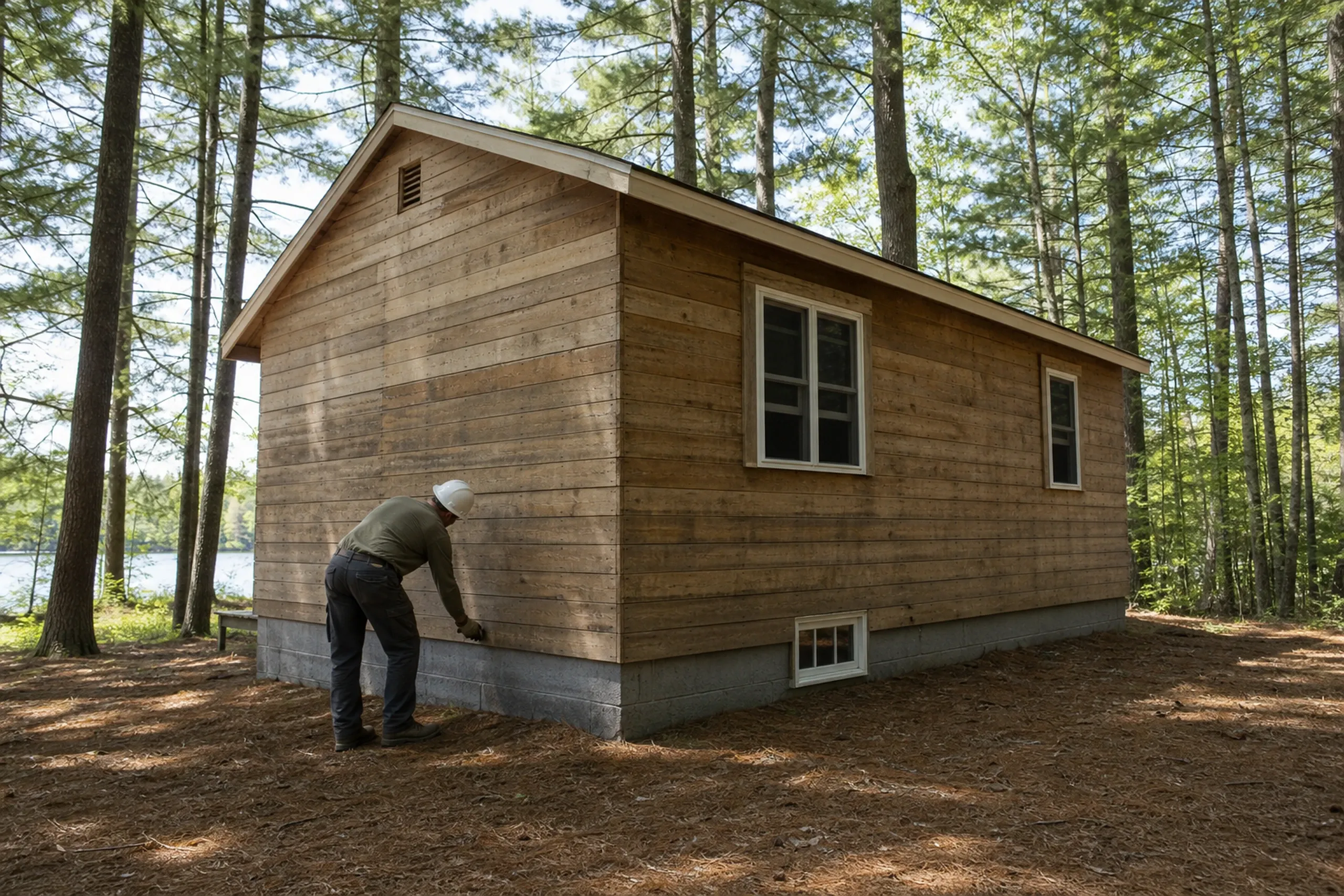 Otisfield camp wall opened for a look: one installer seen from behind, checking the sheathing at the base of a small camp stripped of its old siding, pines all around, late spring.