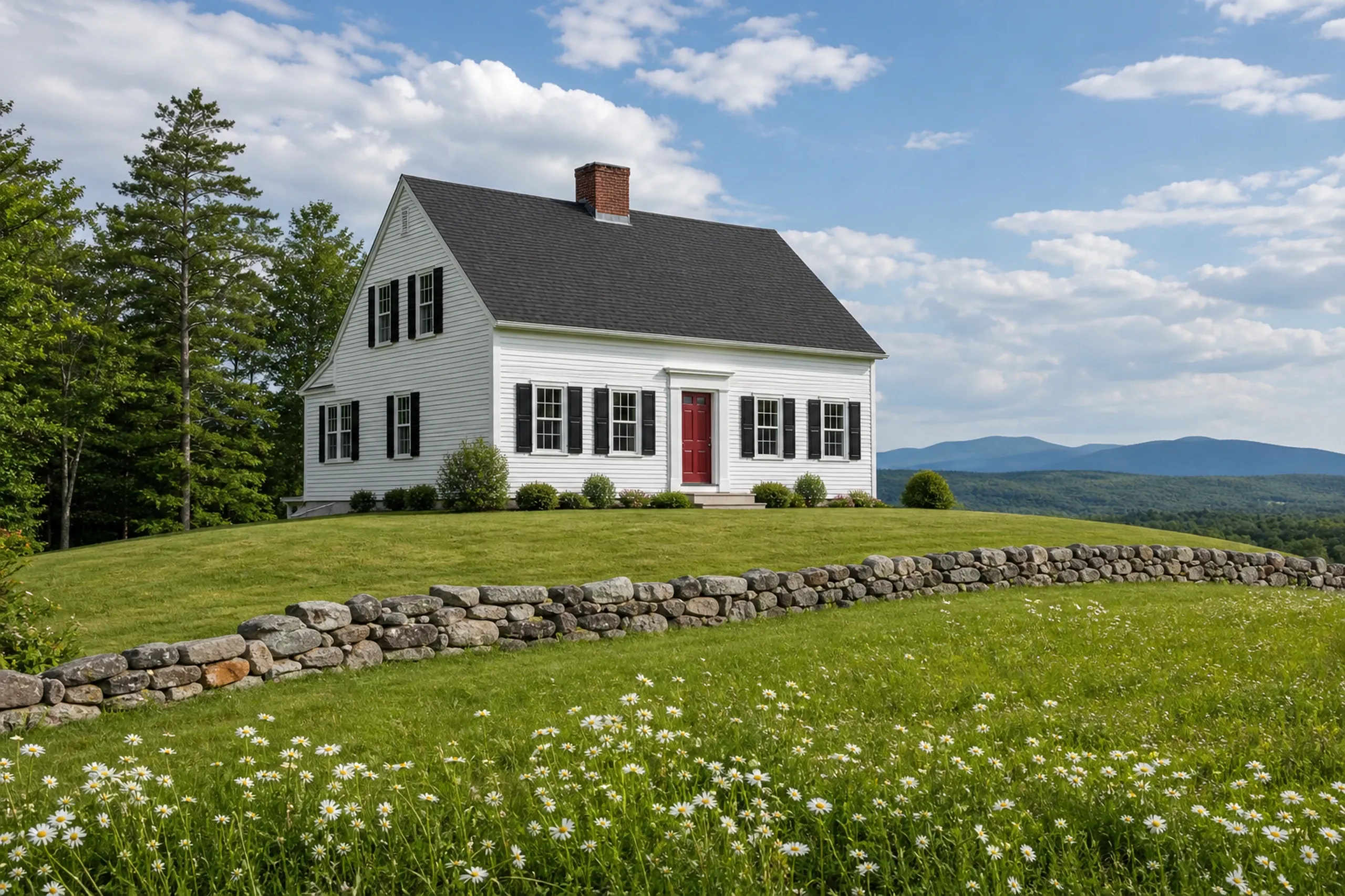 Re-sided Otisfield Cape in early summer: A re-sided story-and-a-half Cape on a hillside lot, finished in warm white LP lap with black shutters and a deep red door, a fieldstone wall, a mown field with white daisies and a blue ridge of hills beyond, bright early-summer afternoon light.