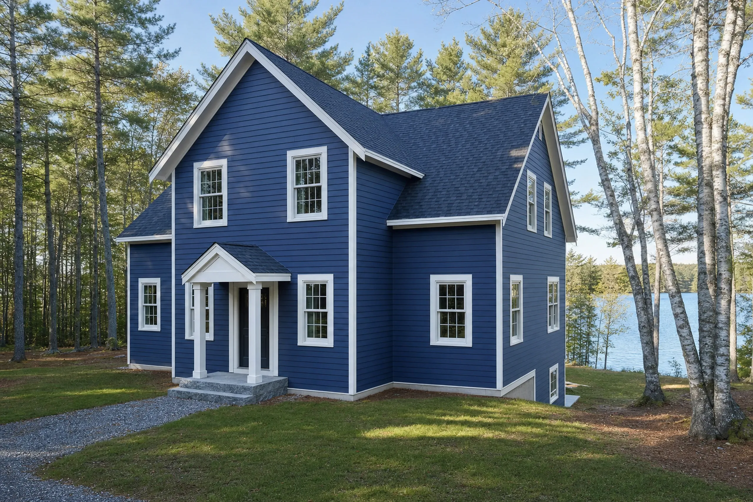 Siding replacement in Otisfield, ME: a year-round lake house on a wooded lot in new slate-blue fiber cement lap siding, crisp white trim, birches and a glimpse of lake, summer.