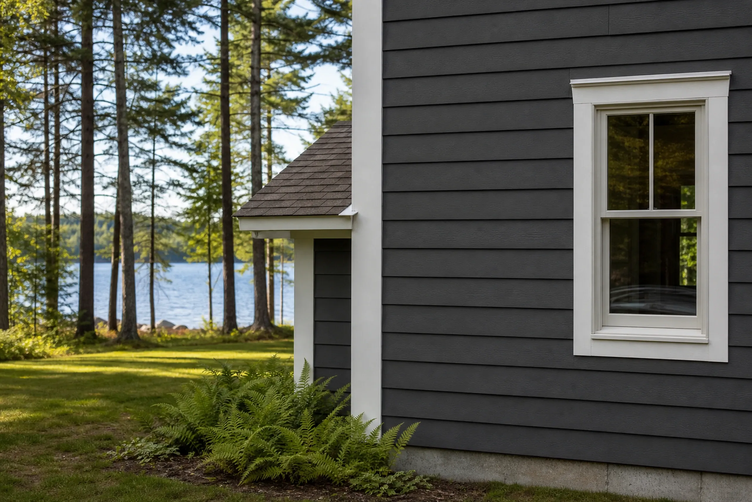 Fiber cement on an Otisfield lake-facing wall: painted charcoal fiber cement lap meeting a wide white corner board, kick-out flashing at the roof line, lake light, late summer.