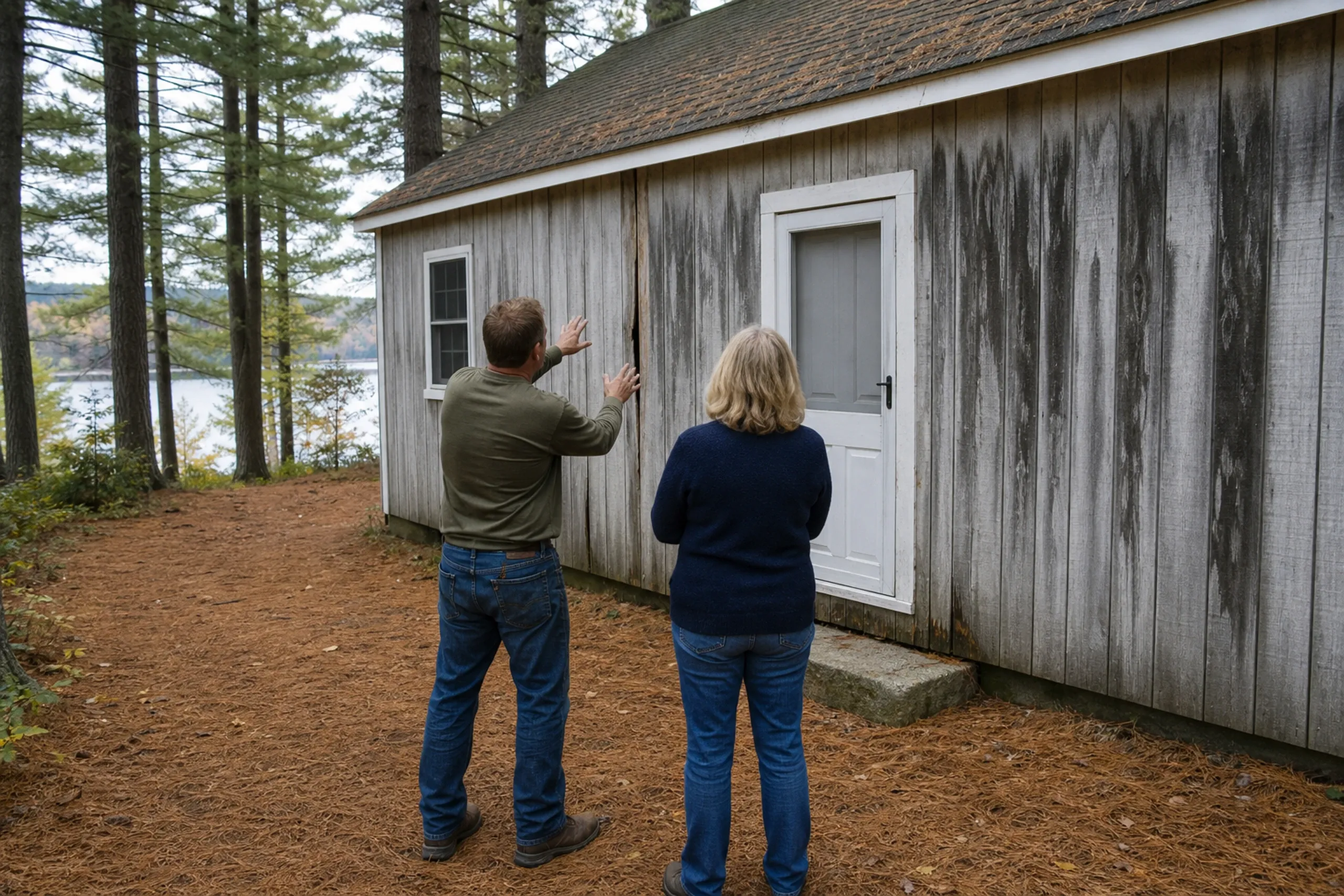 Otisfield siding first visit at a lake cottage: In crisp early-autumn light, two people, a siding installer and a homeowner, seen from behind, stand on a needle-covered path facing a small lake cottage whose old board-and-batten siding has gone silver with dark water stains, one split board beside the door and a glint of lake between the pines.