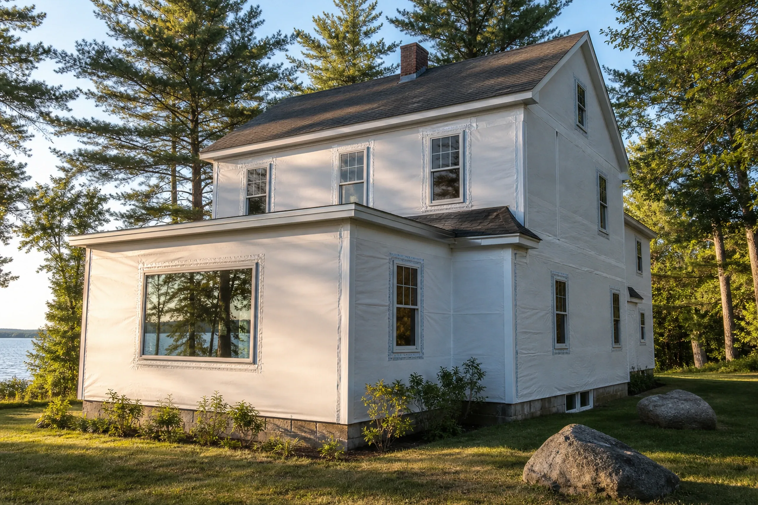 Otisfield housewrap and flashing stage on a lake house: A two-story lake-facing house wall in-progress at the housewrap and window flashing stage, plain white housewrap pulled smooth and taped at every seam, fresh flashing tape sealed around a wide picture window, tall pines and a glint of water beyond, warm late-afternoon summer light.