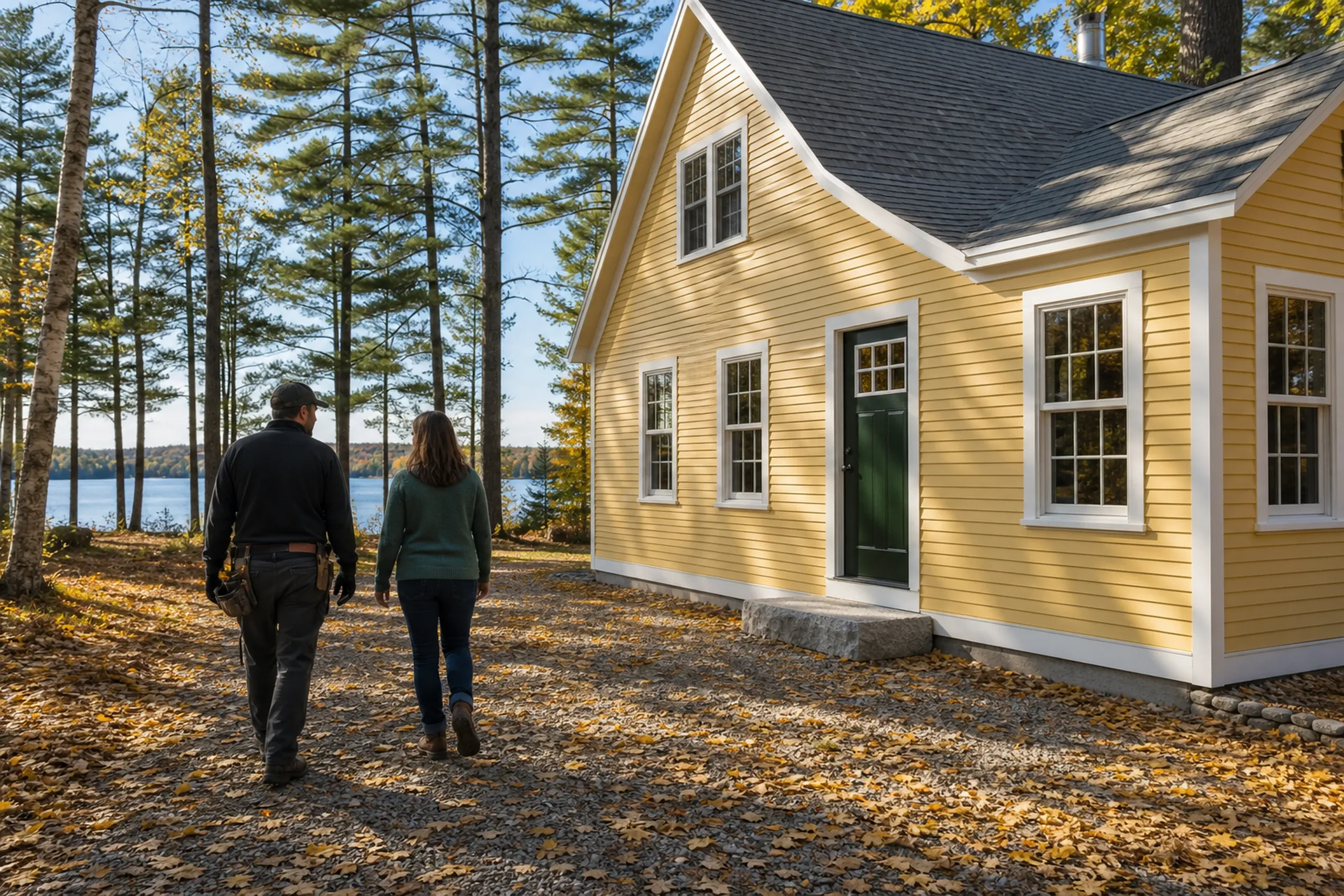 Otisfield siding final walkaround at a lake cottage: In cool October morning light, two people, a siding installer and a homeowner, seen from behind, walk a gravel path beside a re-sided lake cottage finished in butter-yellow LP lap with white trim and a forest-green door, yellow birch leaves on the ground and the lake glinting between the pines.