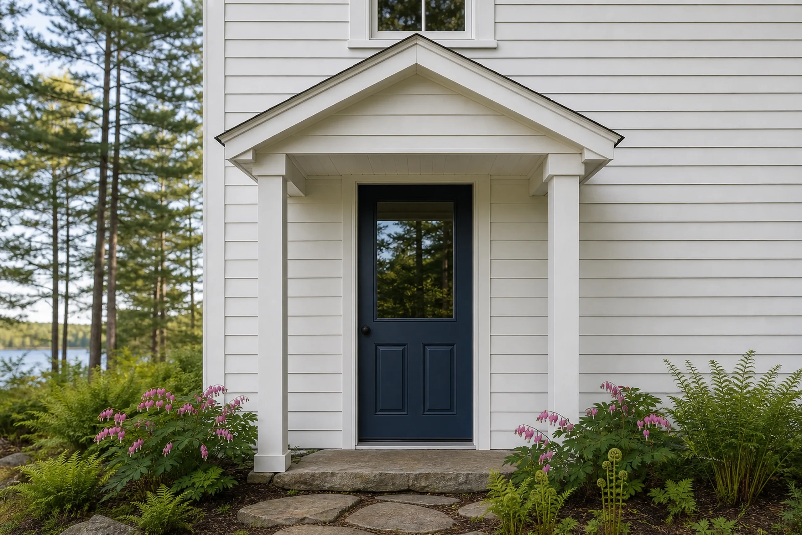 Otisfield re-sided lake camp front entry: The front entry of a re-sided lake camp, warm white vinyl lap siding around a dark blue half-glass door, white trim, a flat fieldstone step, pink bleeding hearts in bloom and ferns unfurling beside the path, clear late-spring morning light, shot vertically, seen straight on.