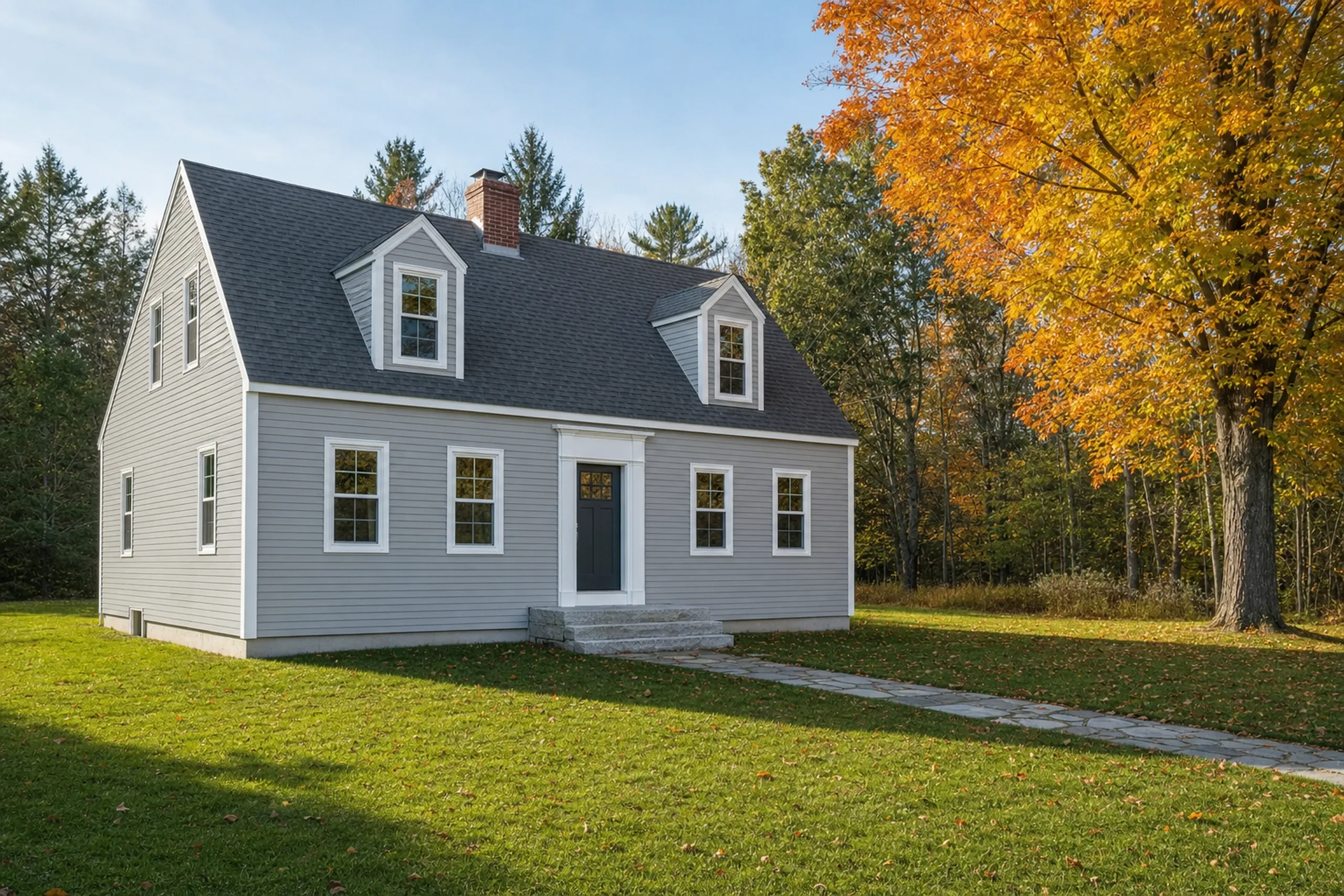 Siding replacement in Oxford, ME: a story-and-a-half village cape with finished light gray vinyl lap siding, crisp white corner boards and window trim, a granite front step and a sugar maple in the side yard, early fall.