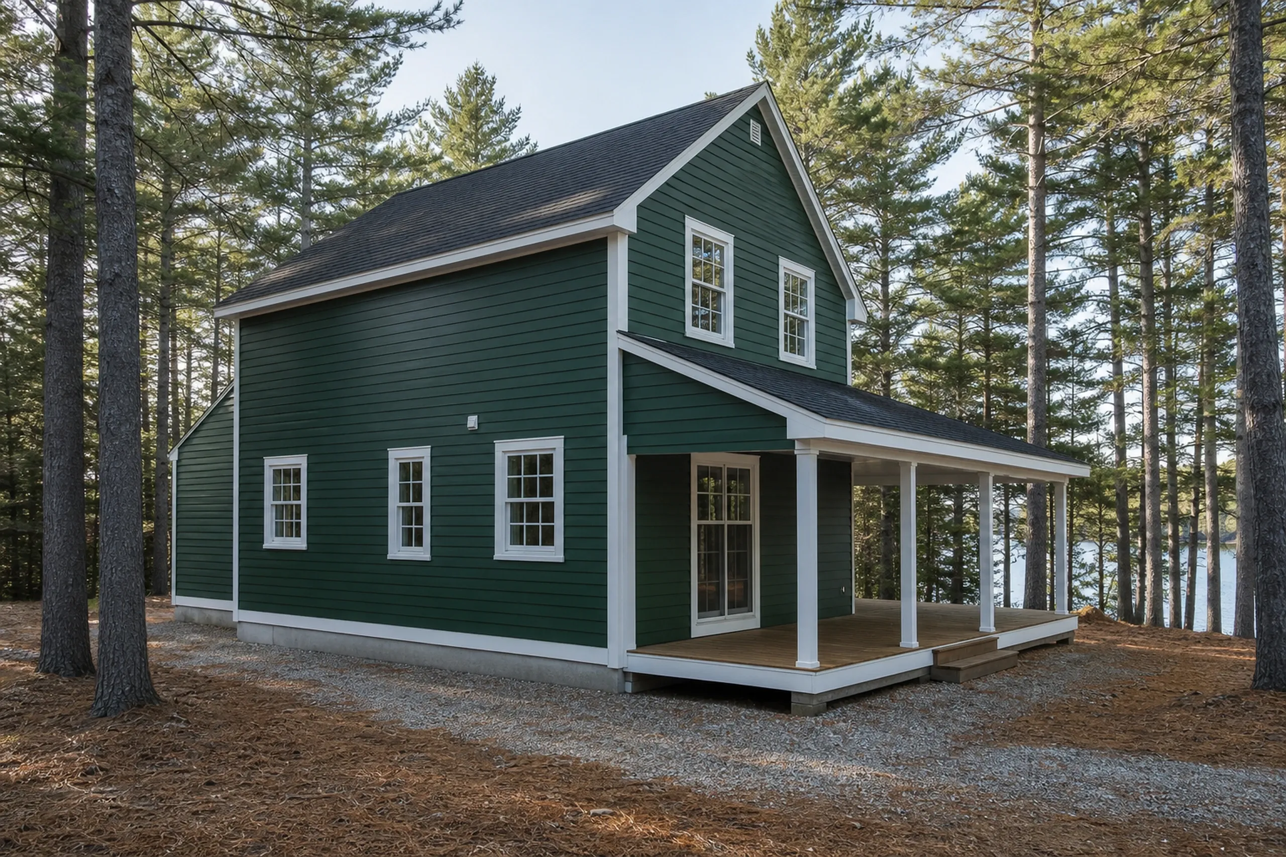 LP lap siding on an Oxford, ME lake house: a year-round house near Thompson Lake with freshly painted deep green engineered wood lap siding, white window trim and a small covered porch, pines around it and a glint of water between the trunks, early fall.