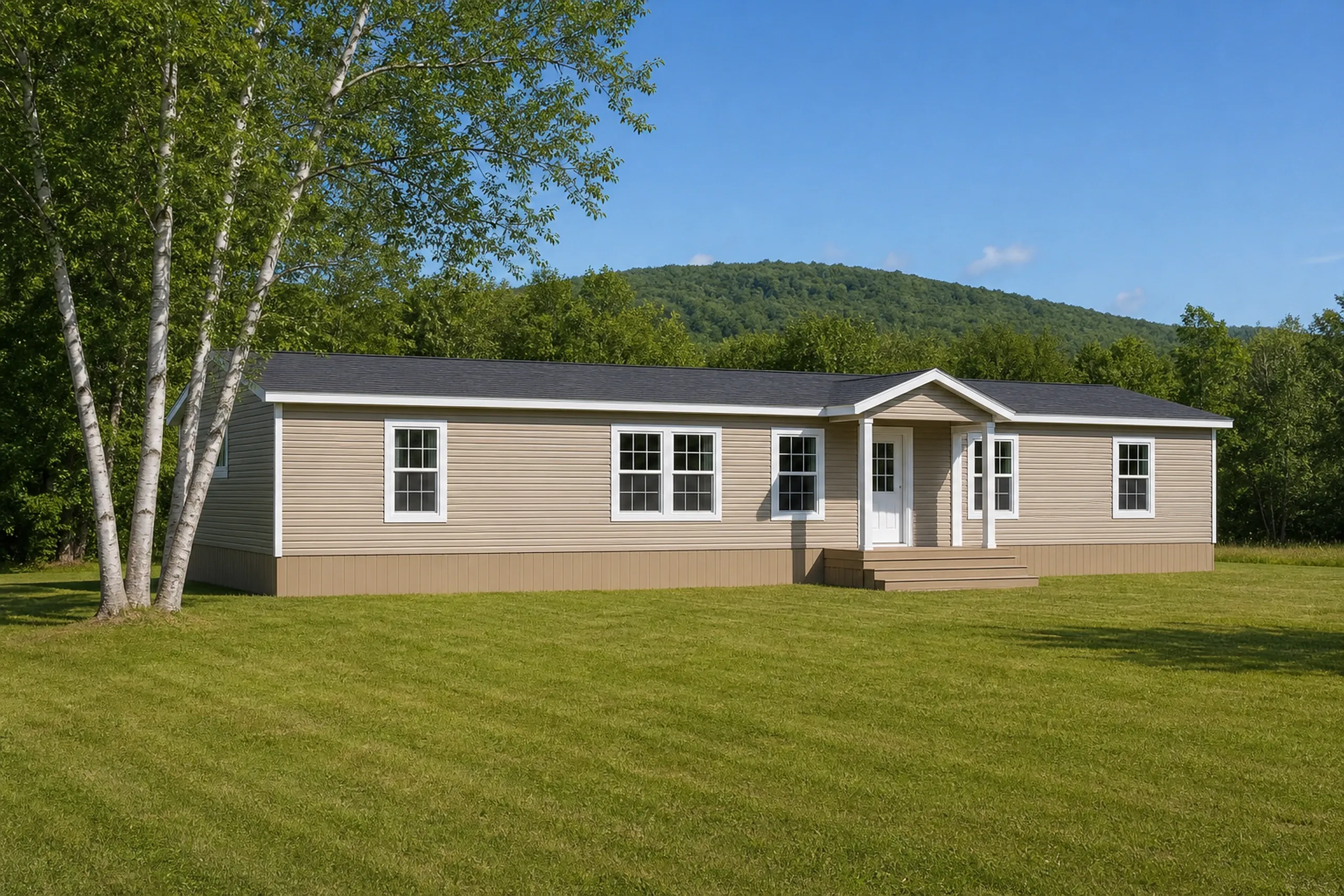 Oxford, ME manufactured home re-sided in vinyl: a single-story manufactured home on a level lawn with new tan vinyl lap siding, white window trim and a painted wood skirting wall along its base, white birches beside it, midsummer.