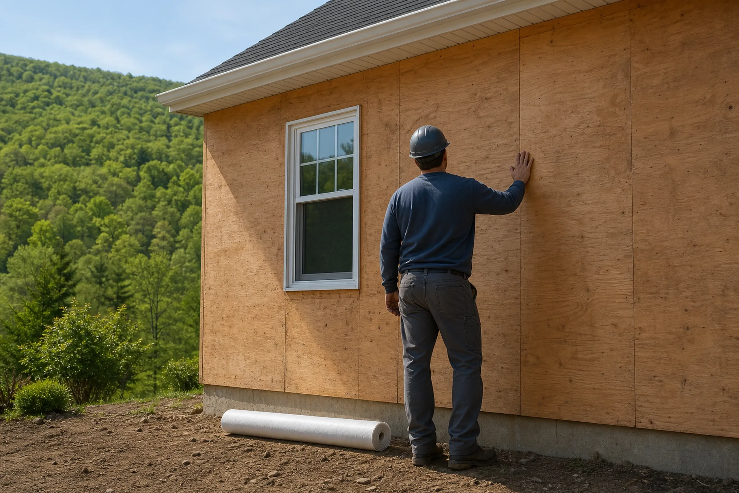 Oxford, ME wall opened for new siding: one installer seen from behind pressing a flat hand against bare plywood sheathing beside a window on a wall stripped of its old siding, a roll of plain white housewrap at his feet, wooded hills behind, late spring.