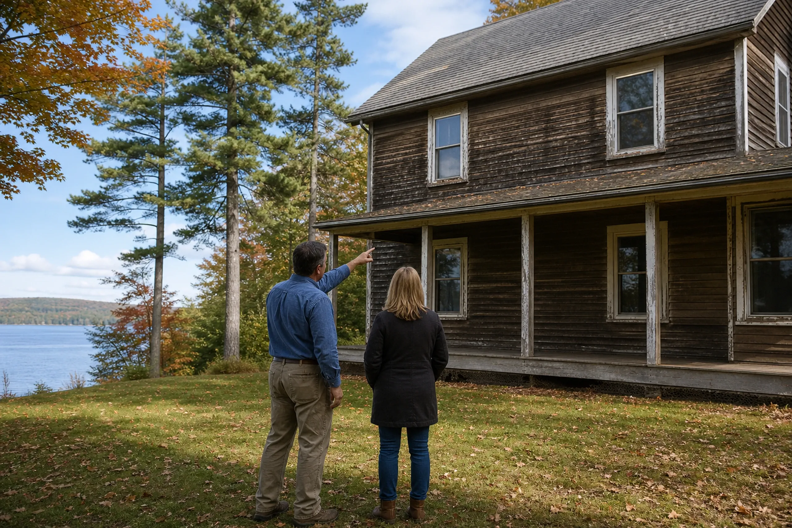 Oxford siding first visit at a Thompson Lake house: In crisp early-autumn light, two people, a siding installer and a homeowner, seen from behind, face the lake side of a two-story year-round house above Thompson Lake and study old brown-stained clapboards streaked black with mildew, peeling window casings and a darkened lowest board beneath the covered porch.