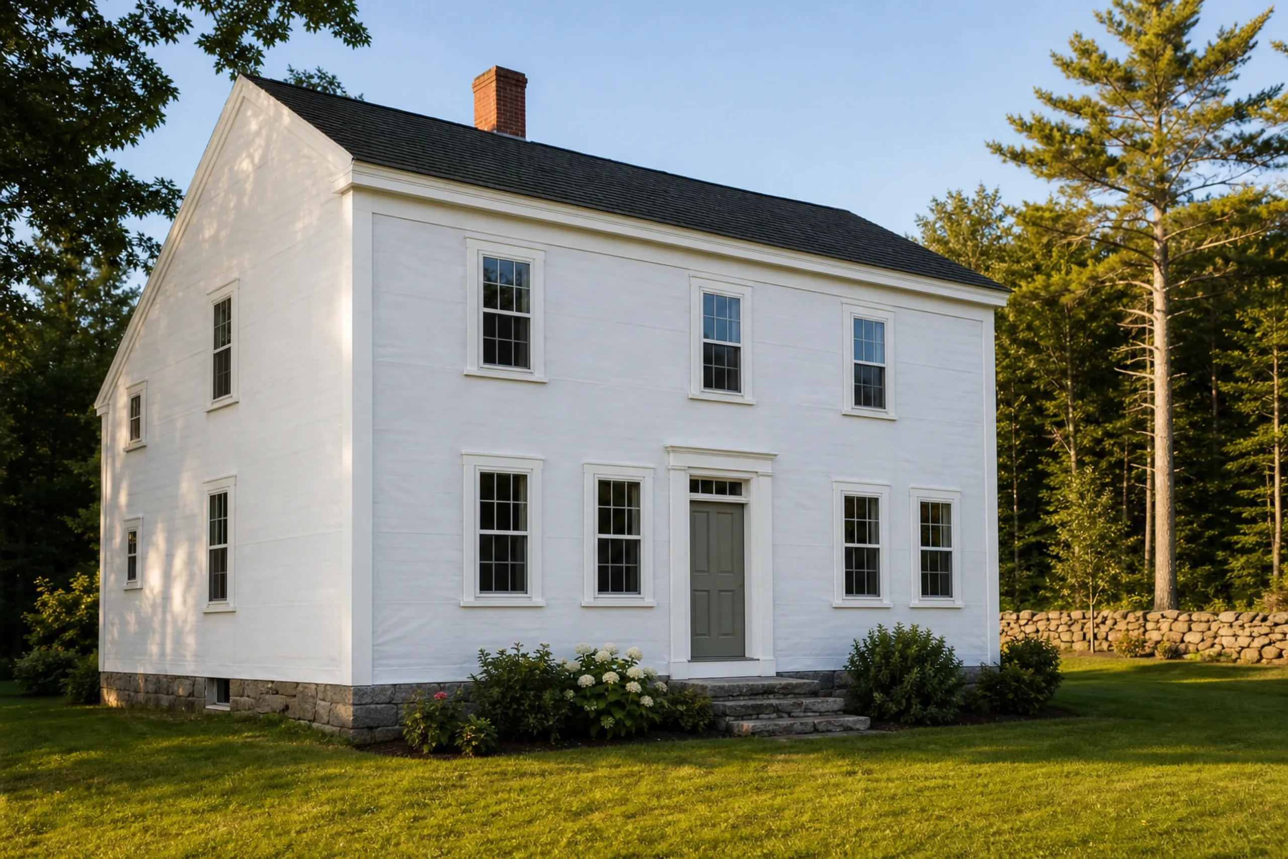 Oxford corner board and trim stage on a village house: A two-story village house wall in-progress at the corner board and trim stage, plain white housewrap across the wall, broad white corner boards and tall window casings fastened plumb, a granite foundation below, a stone wall and a white pine beyond, warm late-afternoon summer light.