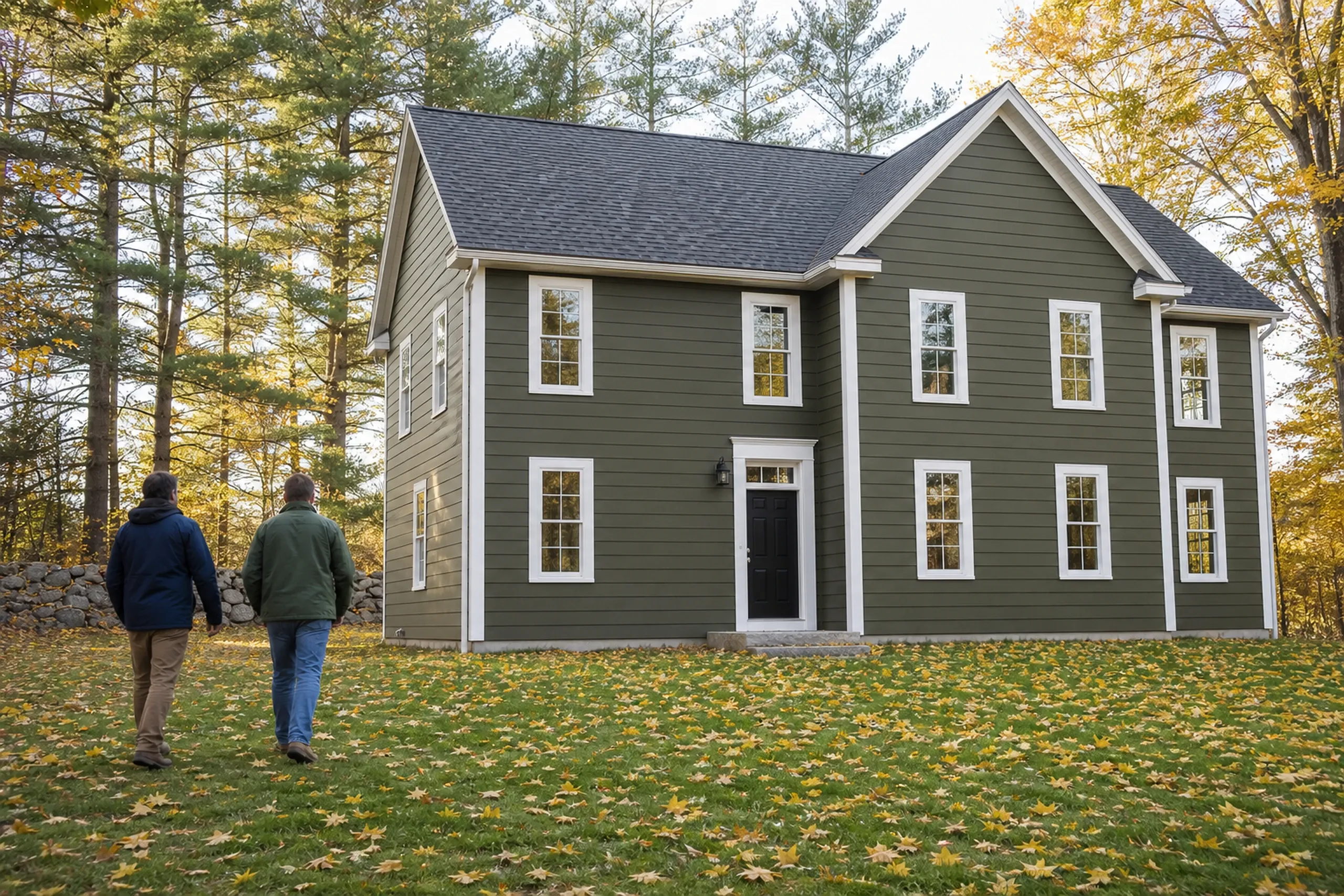 Oxford siding final walkaround at a village house: In cool October morning light, two people, a siding installer and a homeowner, seen from behind, walk the lawn beside a re-sided two-story village house finished in deep olive-green LP lap with white corner boards, tall white window casings and a black front door, yellow maple leaves on the grass.