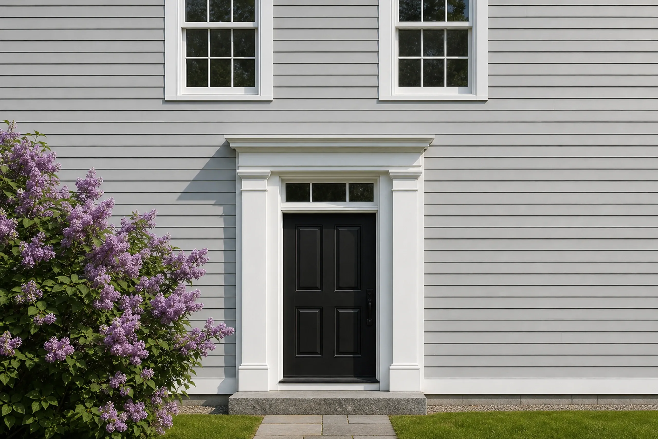 Oxford re-sided Greek Revival front entry: The front entry of a re-sided Greek Revival village house, pale gray fiber cement lap around a black paneled door with a transom window and flat white pilasters, a granite step and purple lilacs in bloom, clear late-spring morning light, shot vertically, seen straight on.