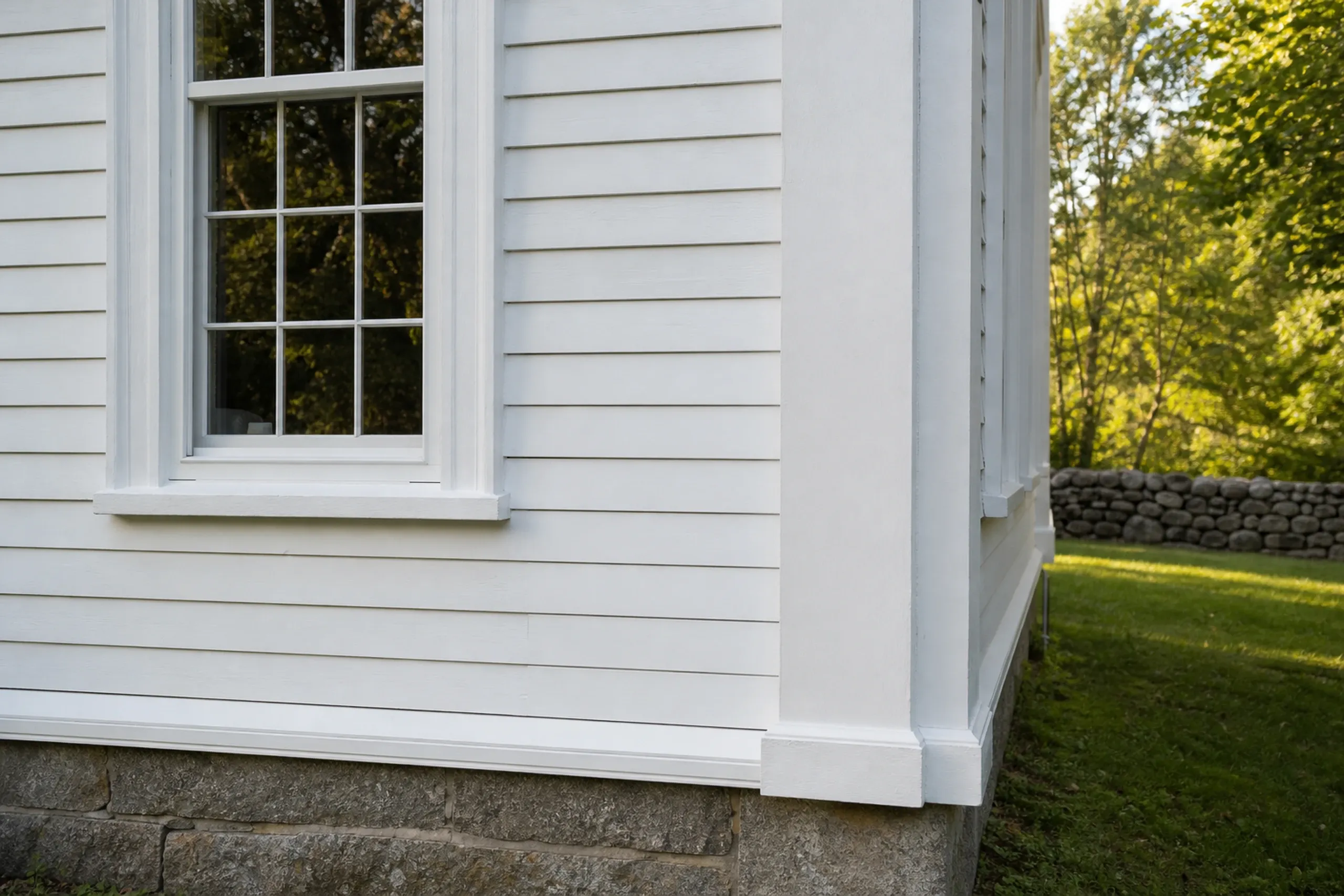 Clapboard repair on an Oxford, ME village house: close view of a white-painted Greek Revival wall where a short run of new clapboards, primed and painted to match, is spliced in beside a wide corner board, bright summer light.