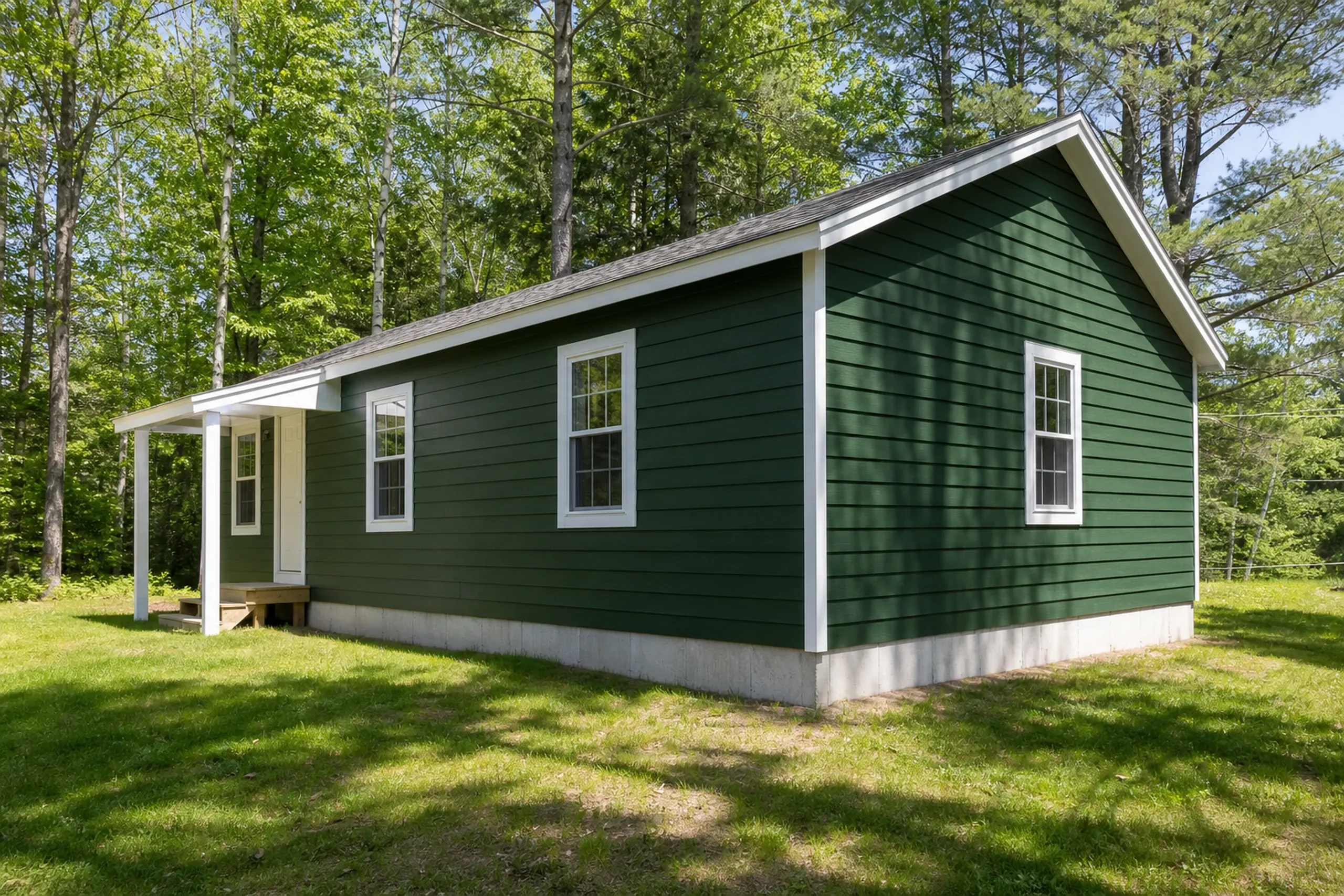 LP SmartSide on a Poland camp: a one-story camp on a wooded lot with freshly painted forest green engineered wood lap siding held well above the ground, white trim, summer.