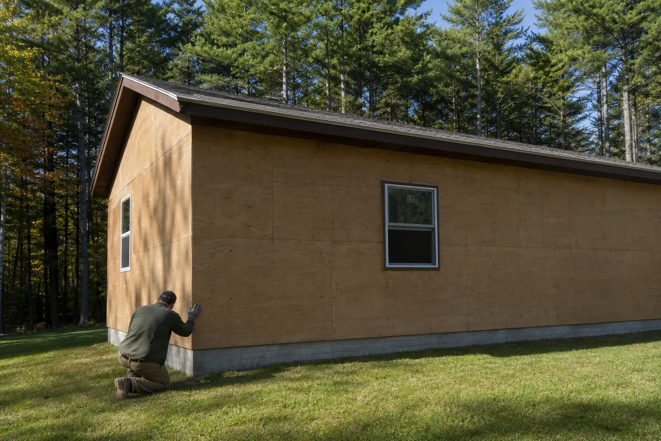Poland camp sill check: one installer seen from behind, kneeling at the low corner of a camp wall stripped to sheathing, checking the wood above the ground, pines behind, summer.