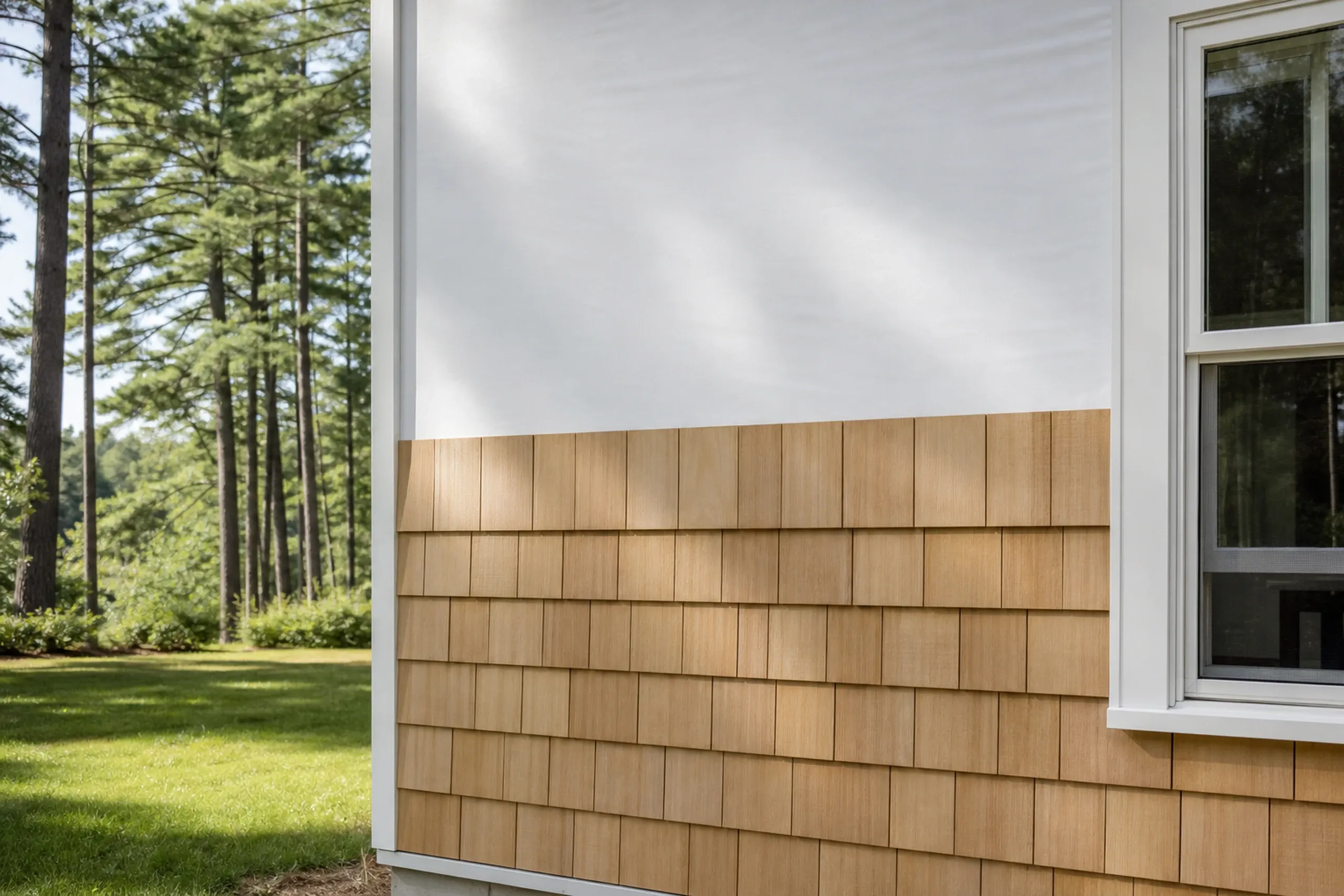 Cedar shingle courses on a Poland lake cottage: new cedar shingles going up course by course over housewrap, straight butt lines beside a window casing, pines behind, summer.