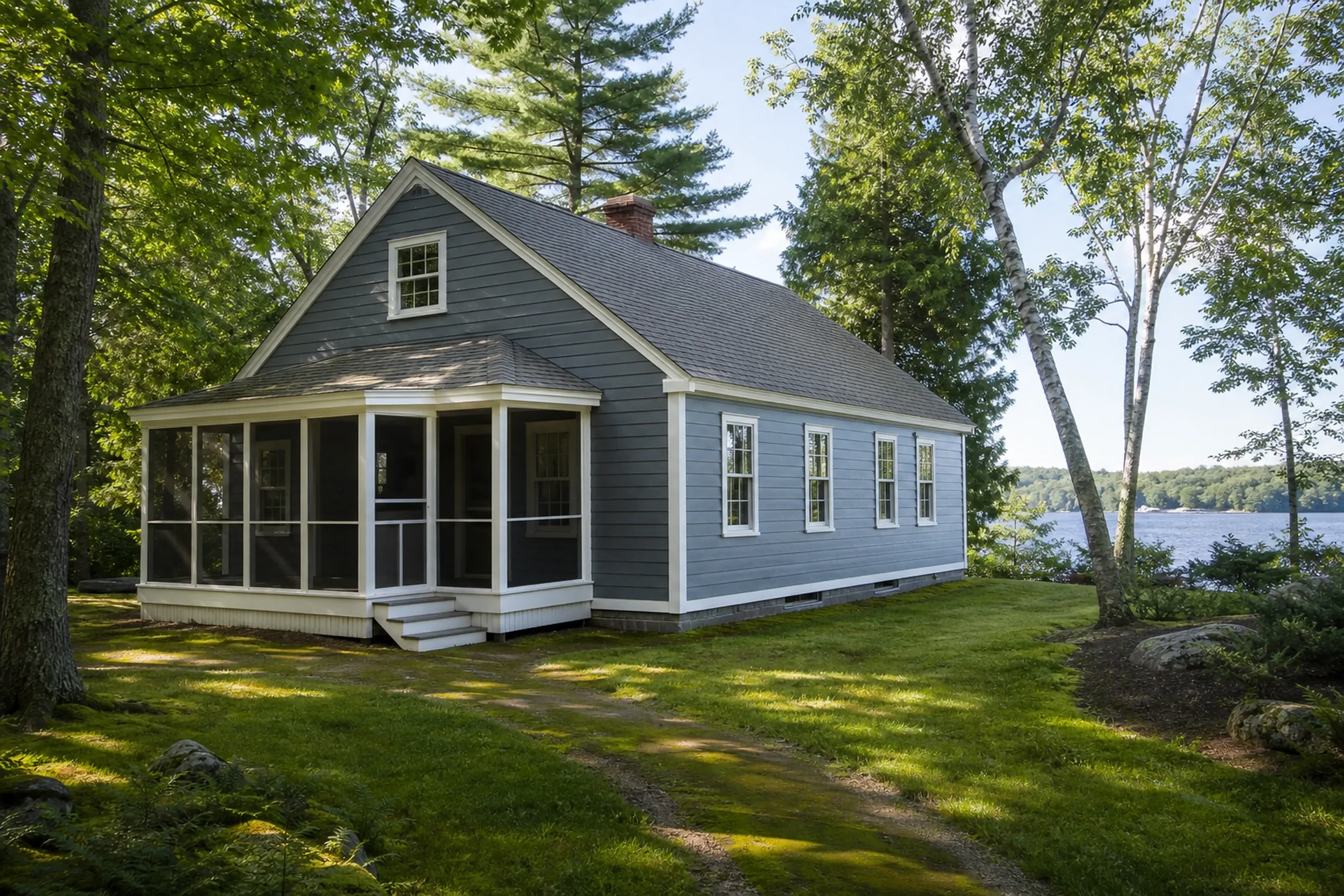 Re-sided Poland Range Ponds cottage in early summer: A re-sided lake cottage on a Poland pond shore, finished in soft gray-blue LP lap with white trim and a screened porch, white pines and birches leaning over a mossy path and a sliver of still, bright water beyond, bright early-summer afternoon light.